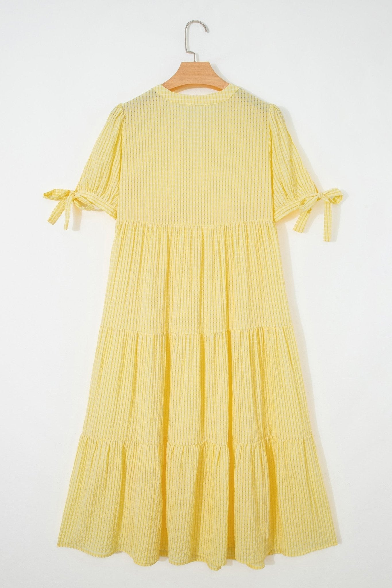 Gingham Textured Bow Tie Tiered Midi Dress - Rooted & Reckless Co.