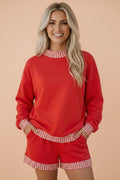 Gingham Trim Long Sleeve Pullover and Shorts Set - Rooted & Reckless Co.