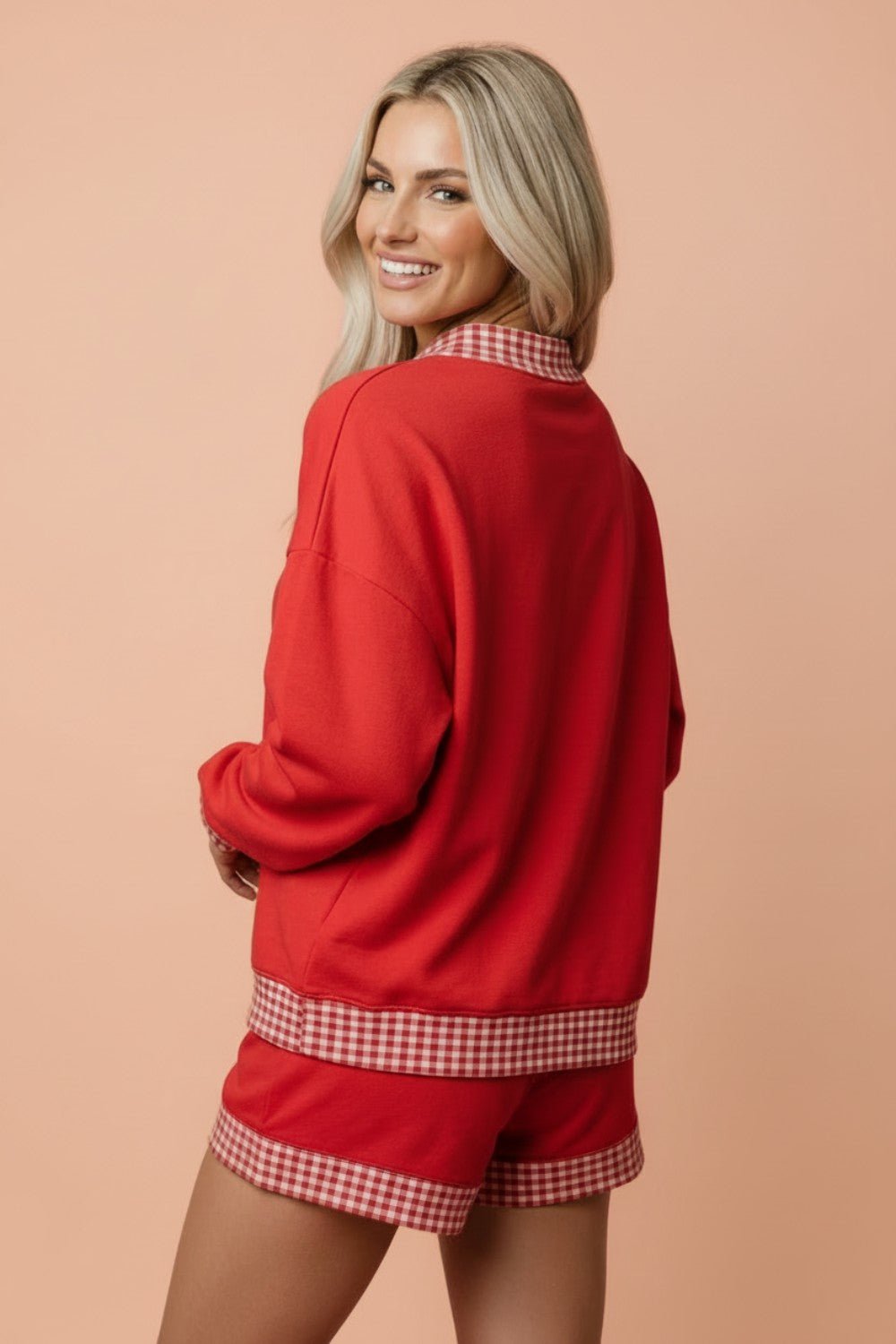 Gingham Trim Long Sleeve Pullover and Shorts Set - Rooted & Reckless Co.