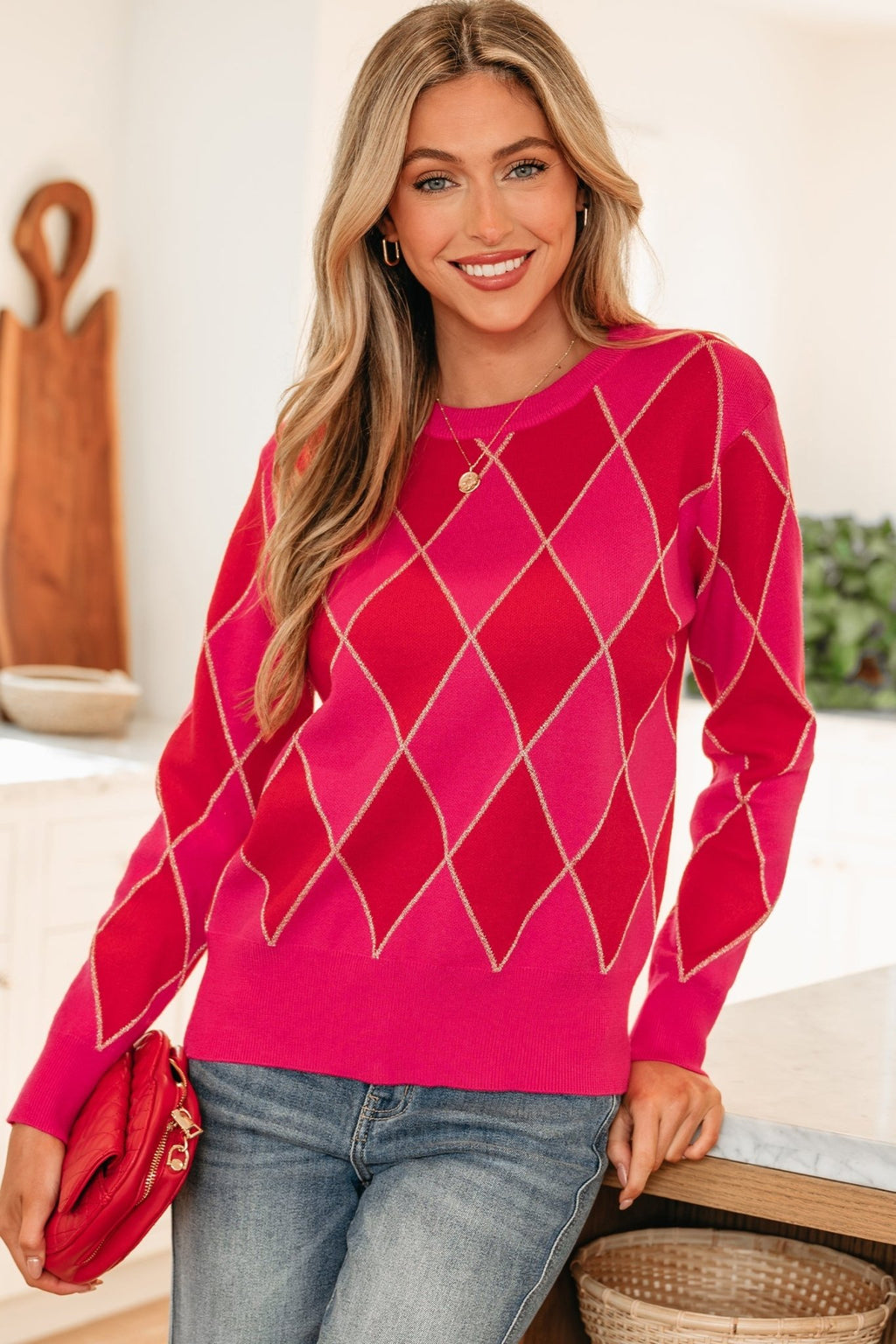 Glitter Rhombus Geometric Knit Crewneck Sweater - Rooted & Reckless Co.