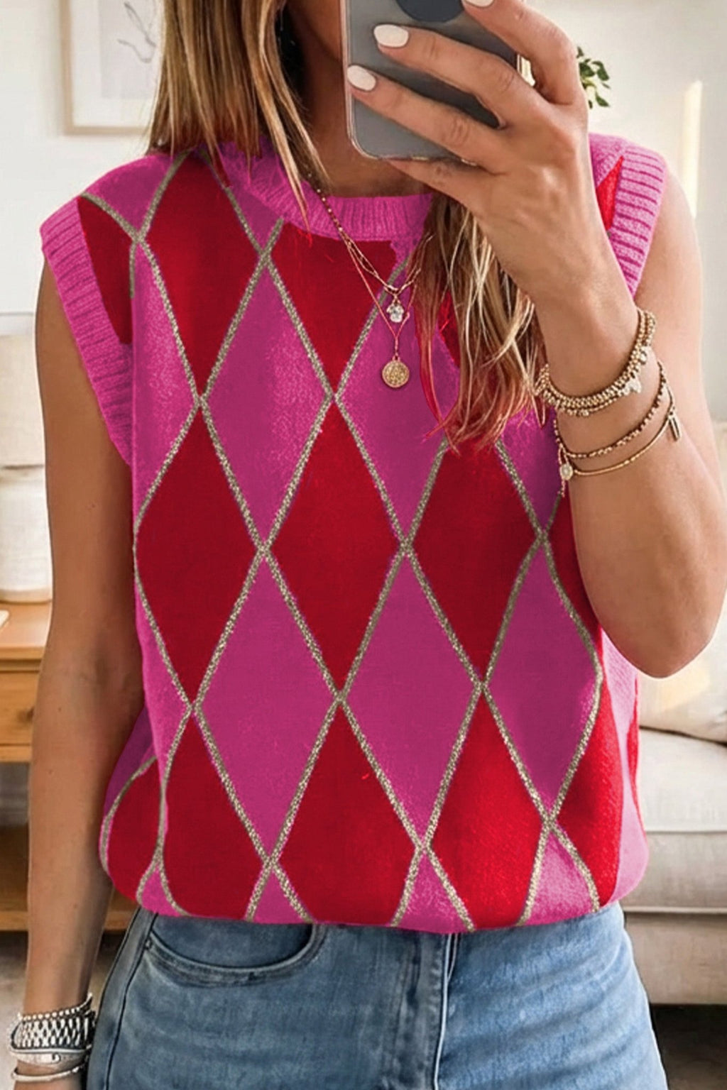 Glitter Trim Rhombus Pattern Knit Sweater Top - Rooted & Reckless Co.