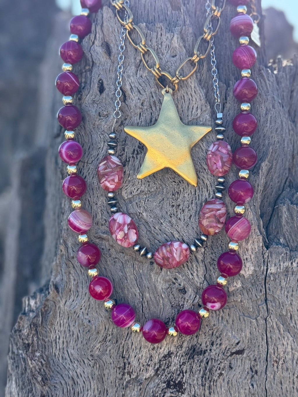 Gold Wild Rose Agate Beaded Necklace - Rooted & Reckless Co.