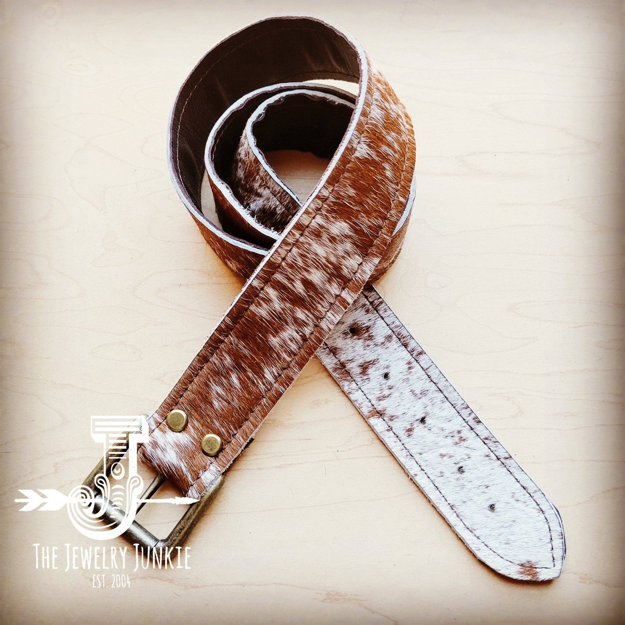 Hair-on-Hide Tan Brindle Leather Belt — Antique Buckle, Large/XL rjemains - Rooted & Reckless Co.