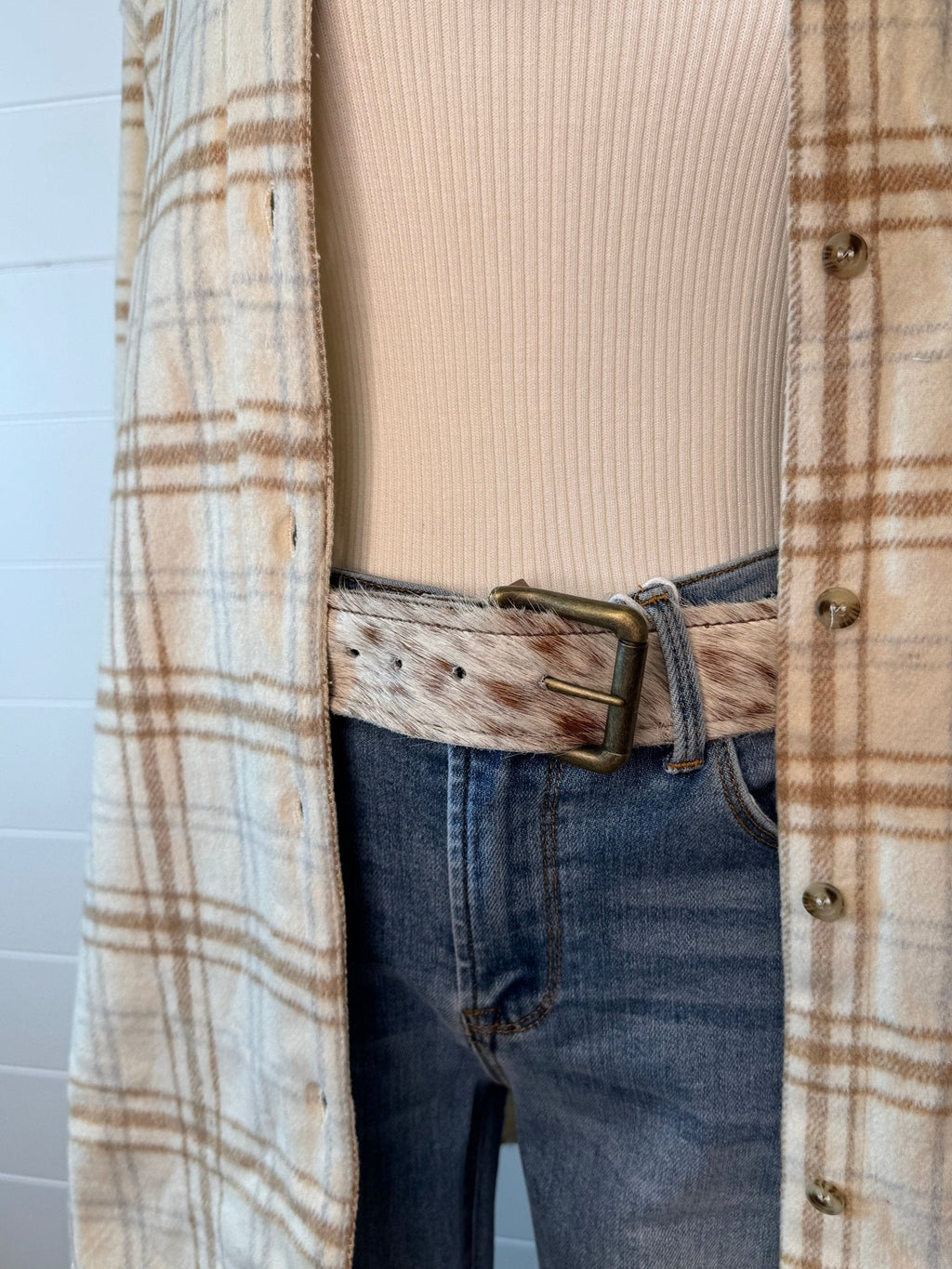 Hair-on-Hide Tan Brindle Leather Belt — Antique Buckle, Large/XL rjemains - Rooted & Reckless Co.