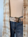 Hair-on-Hide Tan Brindle Leather Belt — Antique Buckle, Large/XL rjemains - Rooted & Reckless Co.