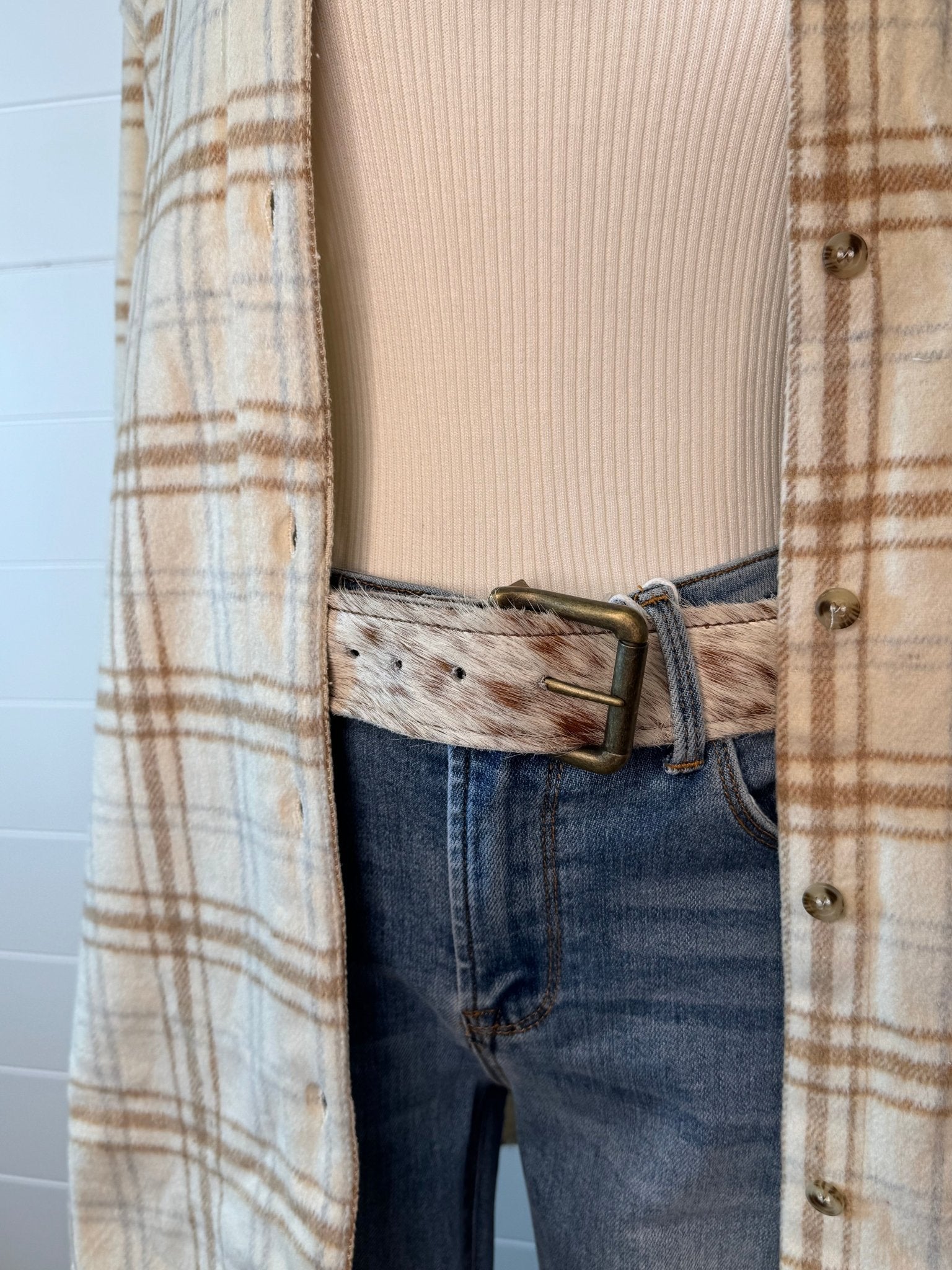 Hair-on-Hide Tan Brindle Leather Belt — Antique Buckle, Large/XL rjemains - Rooted & Reckless Co.