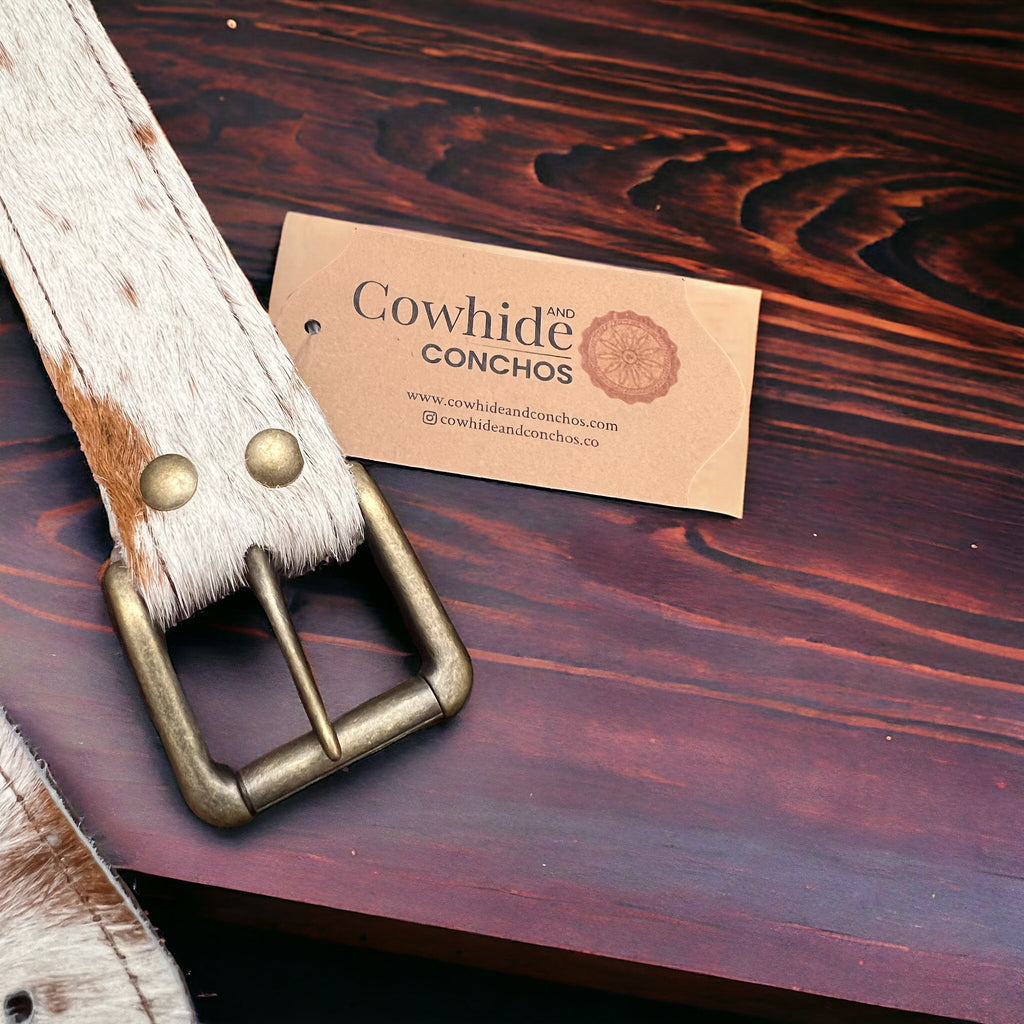 Hair-on-Hide Tan Brindle Leather Belt — Antique Buckle, Large/XL rjemains - Rooted & Reckless Co.