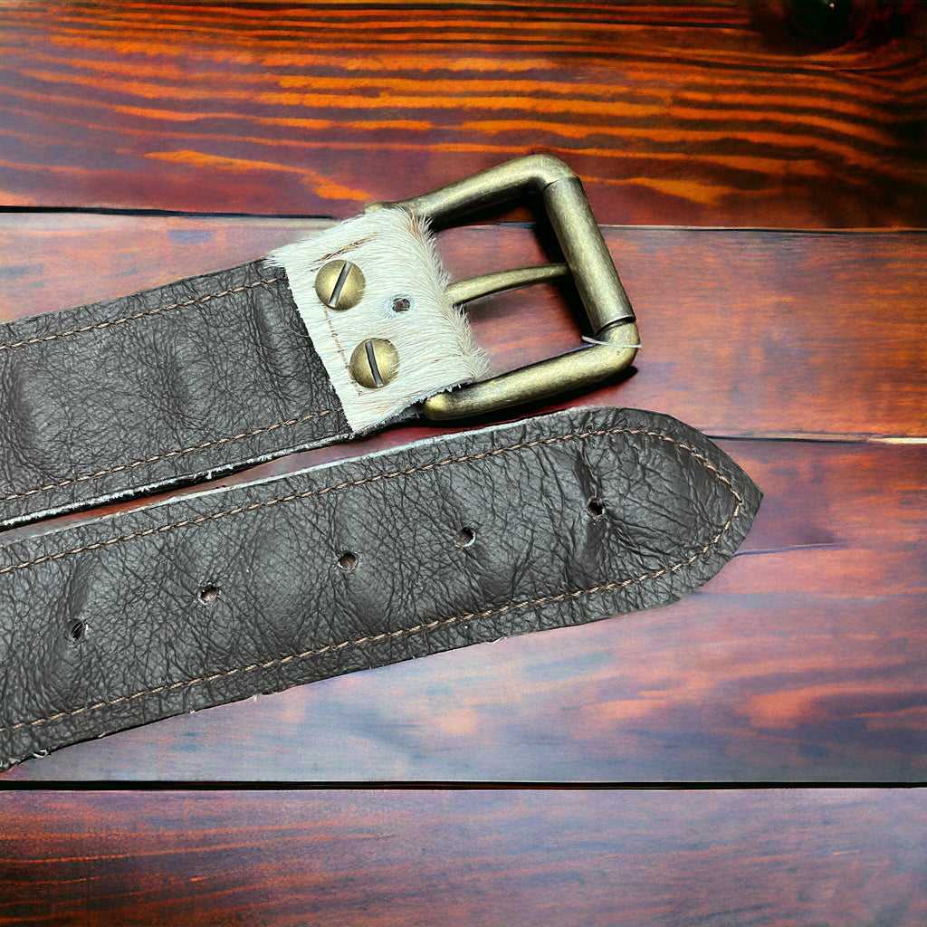 Hair-on-Hide Tan Brindle Leather Belt — Antique Buckle, Large/XL rjemains - Rooted & Reckless Co.