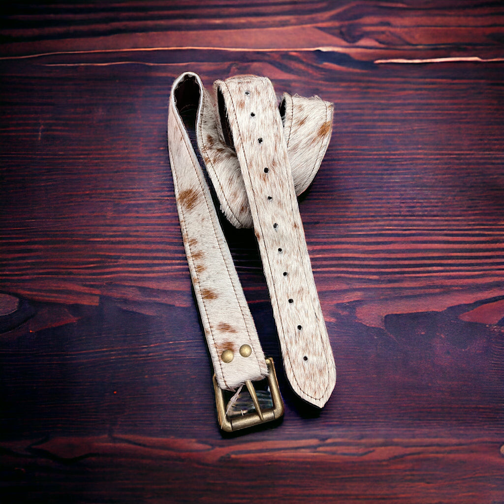 Hair-on-Hide Tan Brindle Leather Belt — Antique Buckle, Large/XL rjemains - Rooted & Reckless Co.