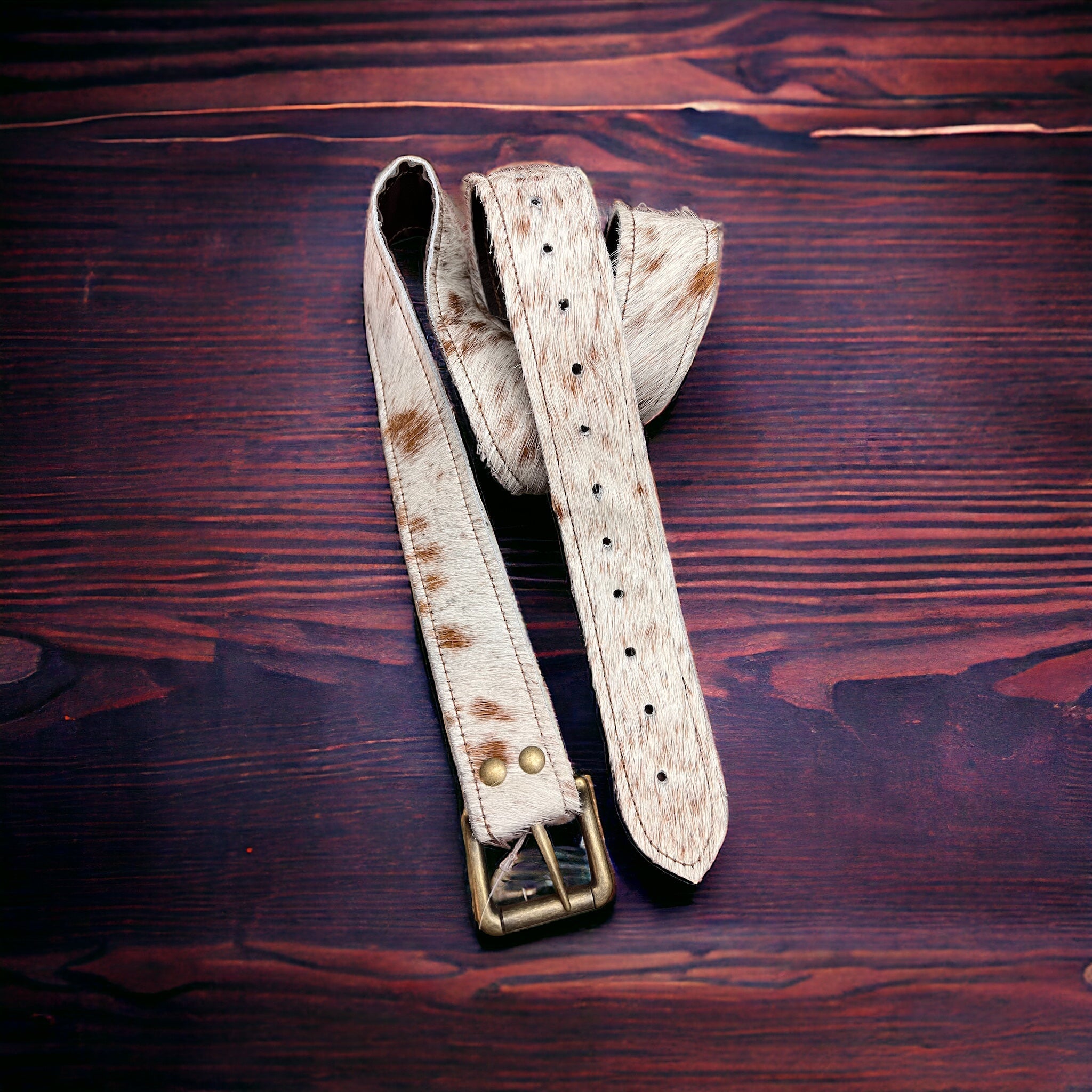 Hair-on-Hide Tan Brindle Leather Belt — Antique Buckle, Large/XL rjemains - Rooted & Reckless Co.