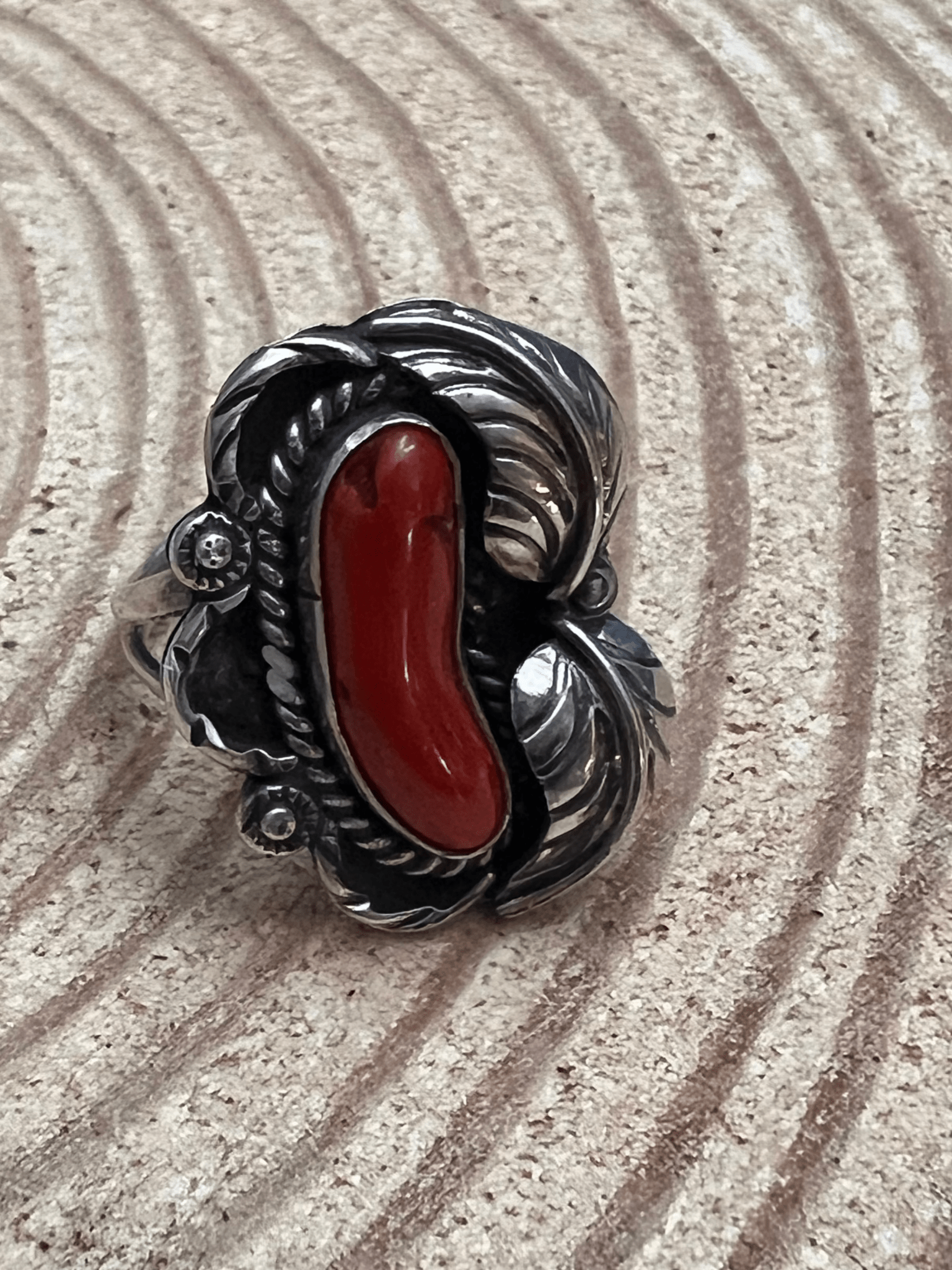 Hallmark LJ Sterling Silver Coral & Leaf Ring — Size 6 (Vintage Native American) - Rooted & Reckless Co.
