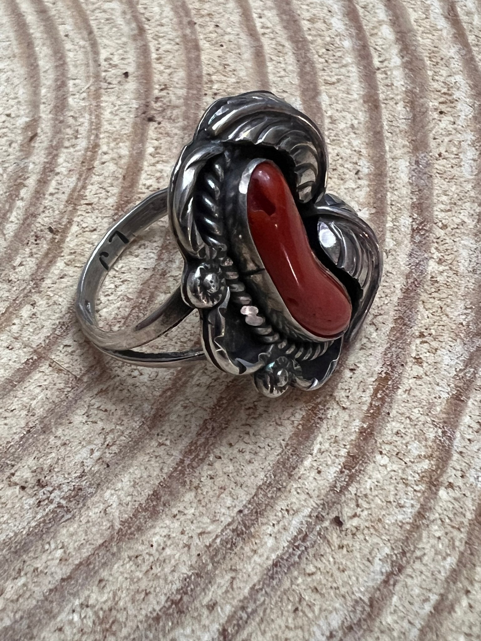 Hallmark LJ Sterling Silver Coral & Leaf Ring — Size 6 (Vintage Native American) - Rooted & Reckless Co.