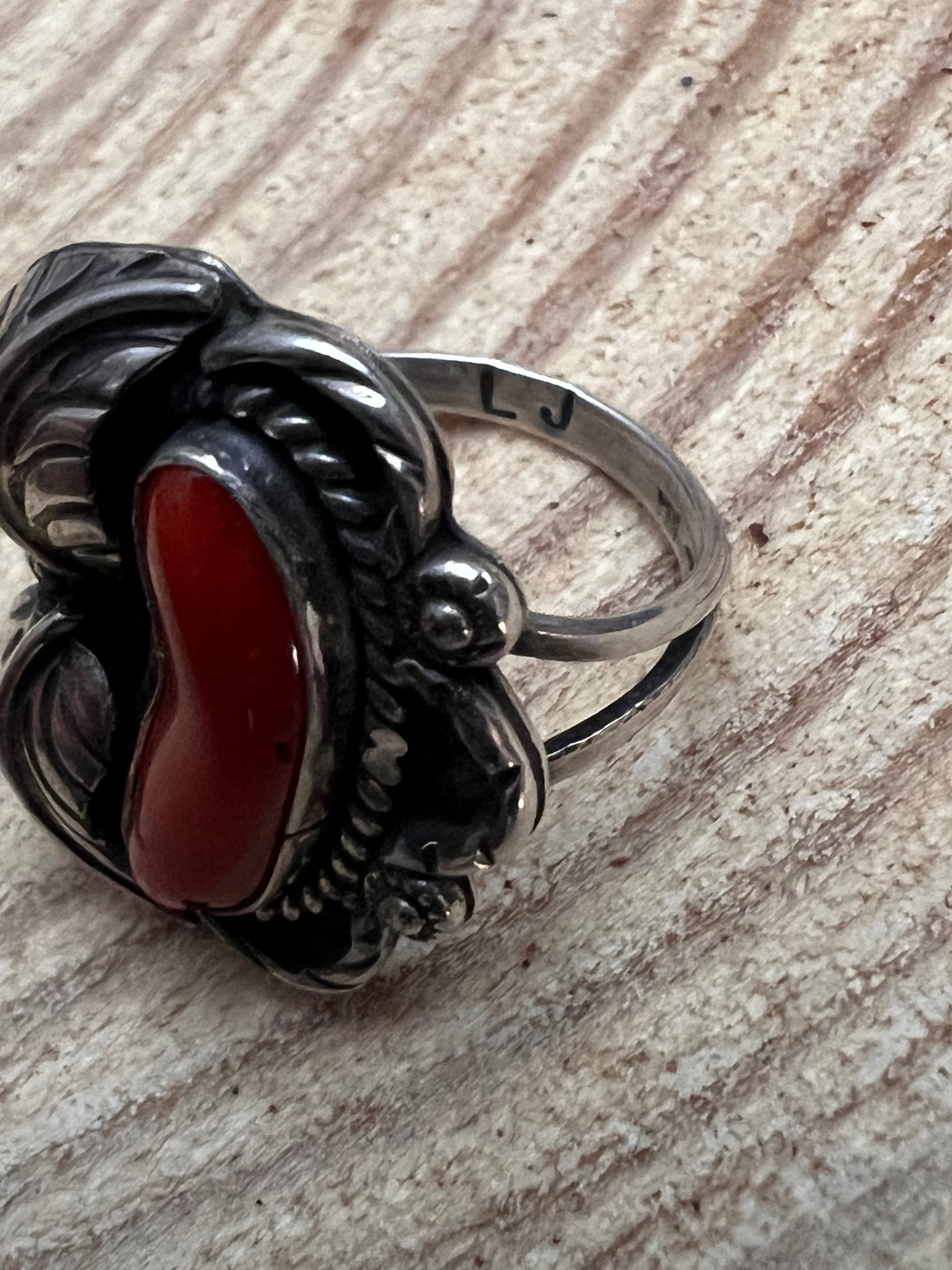 Hallmark LJ Sterling Silver Coral & Leaf Ring — Size 6 (Vintage Native American) - Rooted & Reckless Co.