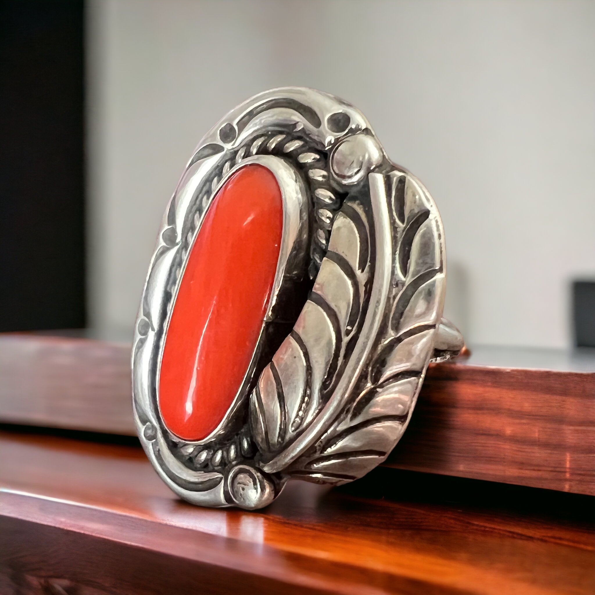 Hallmark LJ Sterling Silver Coral Ring with Leaf Detail — Size 6.5 (Vintage Native American) - Rooted & Reckless Co.