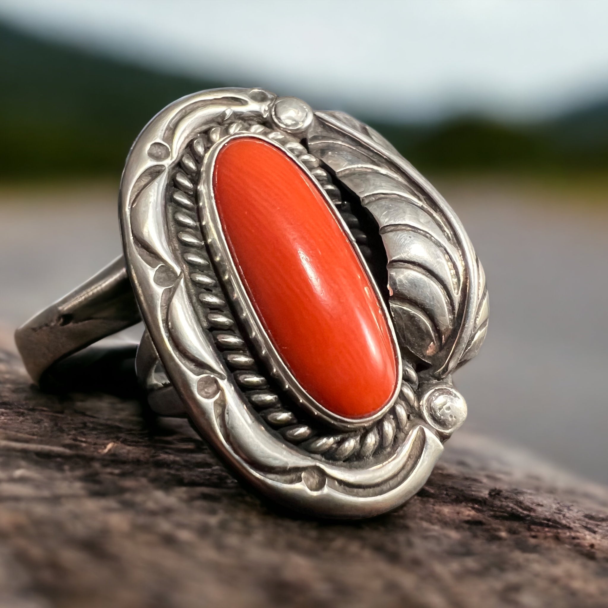 Hallmark LJ Sterling Silver Coral Ring with Leaf Detail — Size 6.5 (Vintage Native American) - Rooted & Reckless Co.
