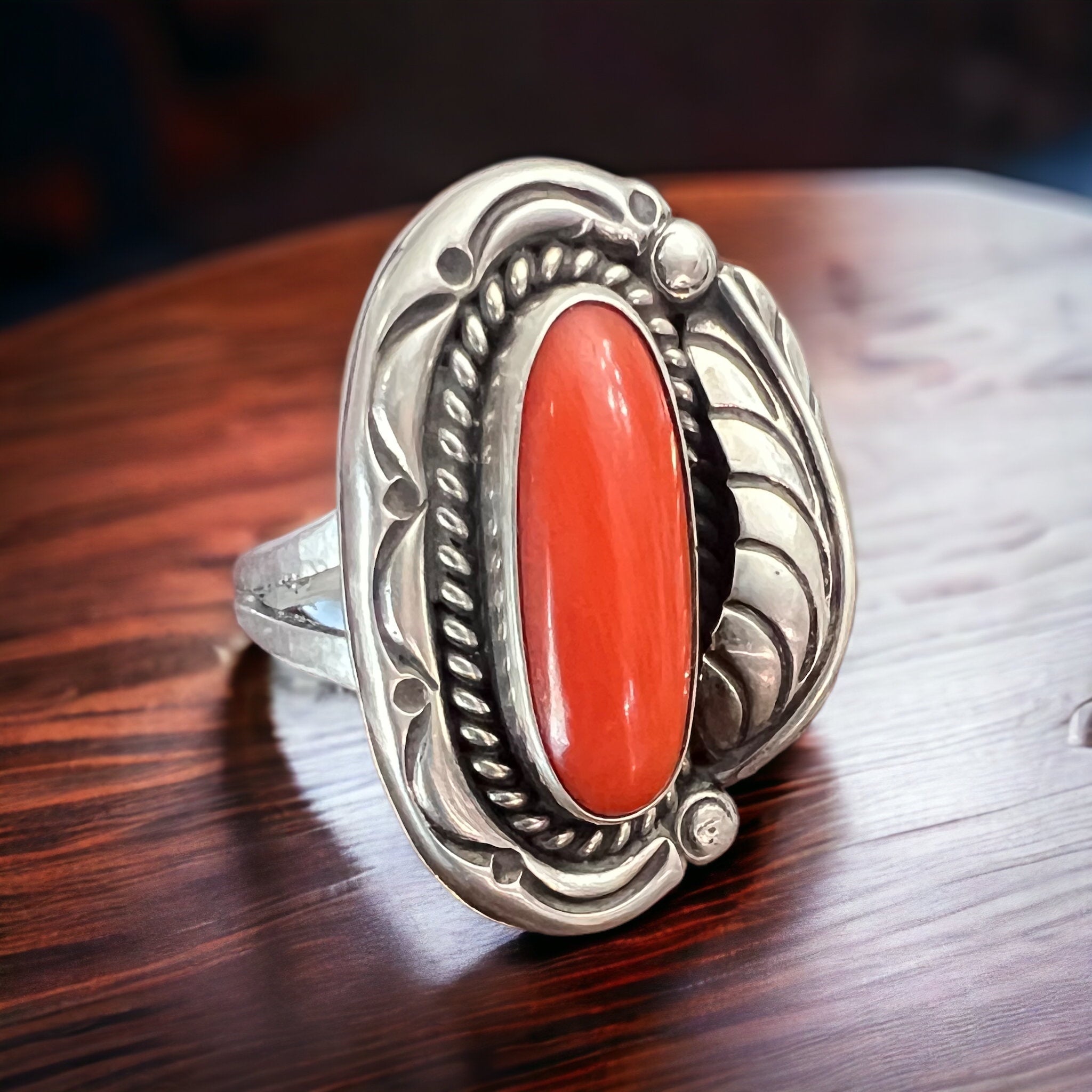 Hallmark LJ Sterling Silver Coral Ring with Leaf Detail — Size 6.5 (Vintage Native American) - Rooted & Reckless Co.