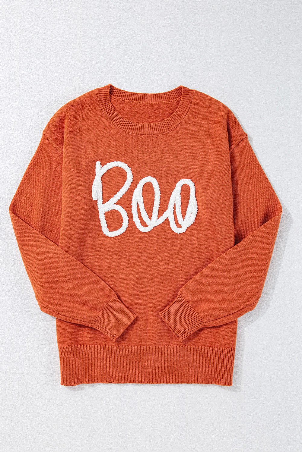 Halloween Boo Drop Shoulder Ribbed Trim Sweater - Rooted & Reckless Co.