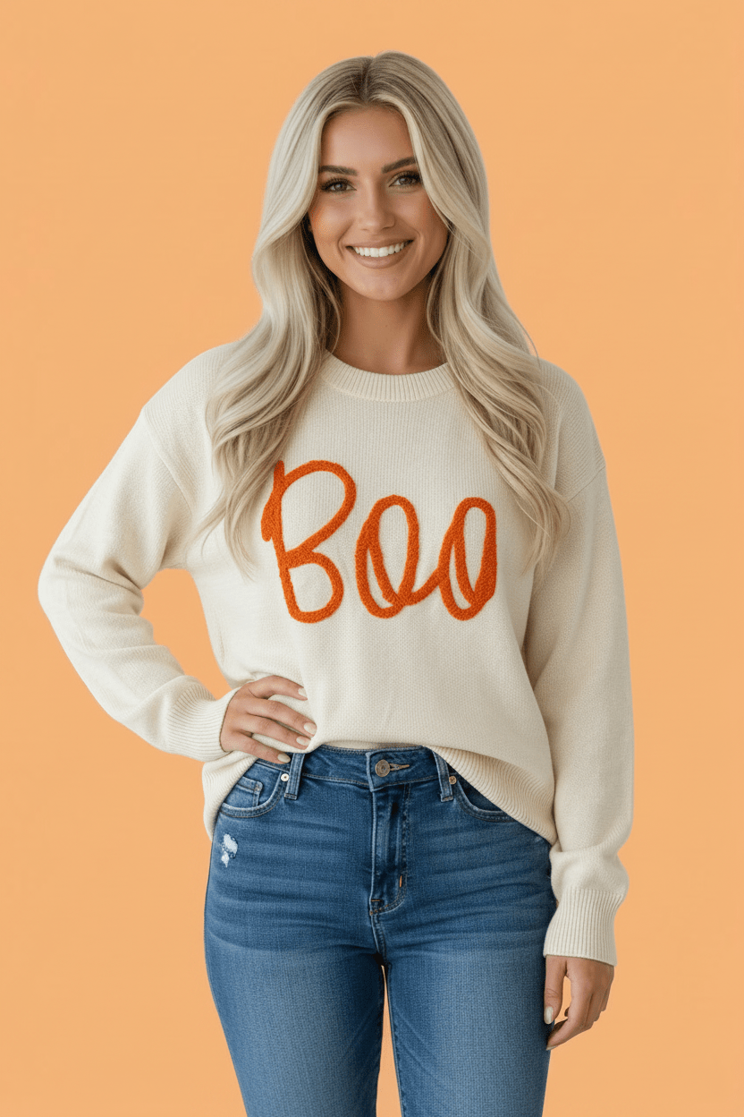 Halloween Boo Drop Shoulder Ribbed Trim Sweater - Rooted & Reckless Co.