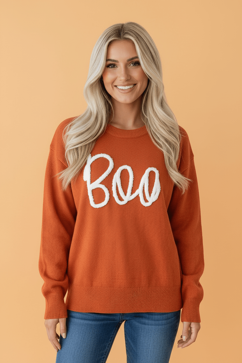 Halloween Boo Drop Shoulder Ribbed Trim Sweater - Rooted & Reckless Co.