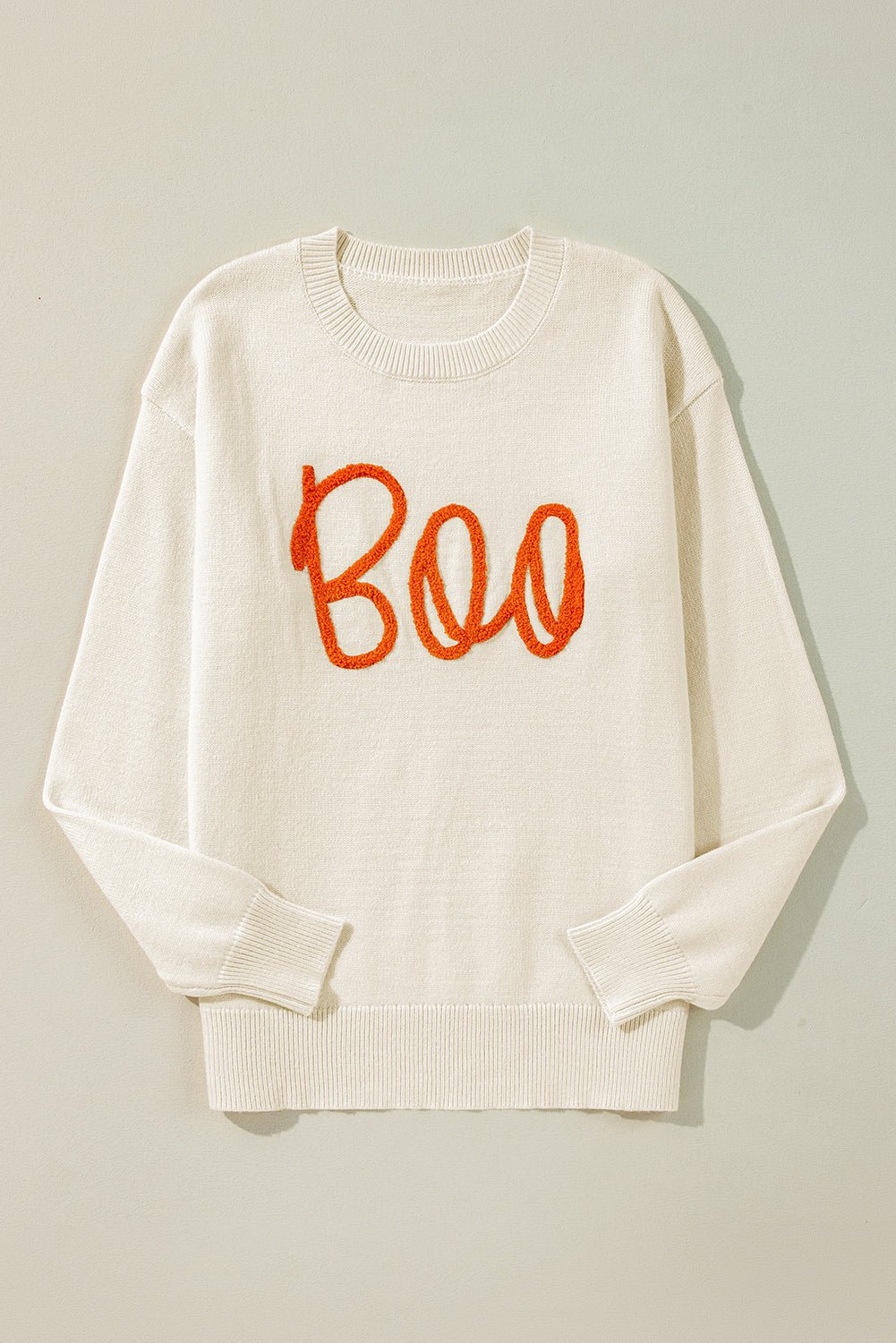 Halloween Boo Drop Shoulder Ribbed Trim Sweater - Rooted & Reckless Co.