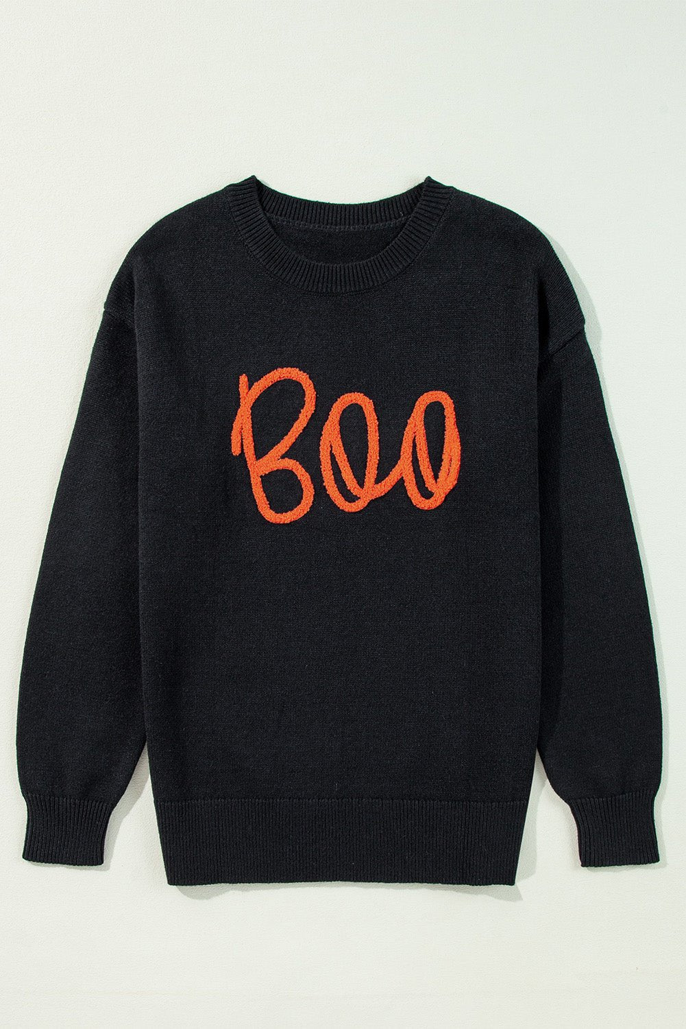 Halloween Boo Drop Shoulder Ribbed Trim Sweater - Rooted & Reckless Co.