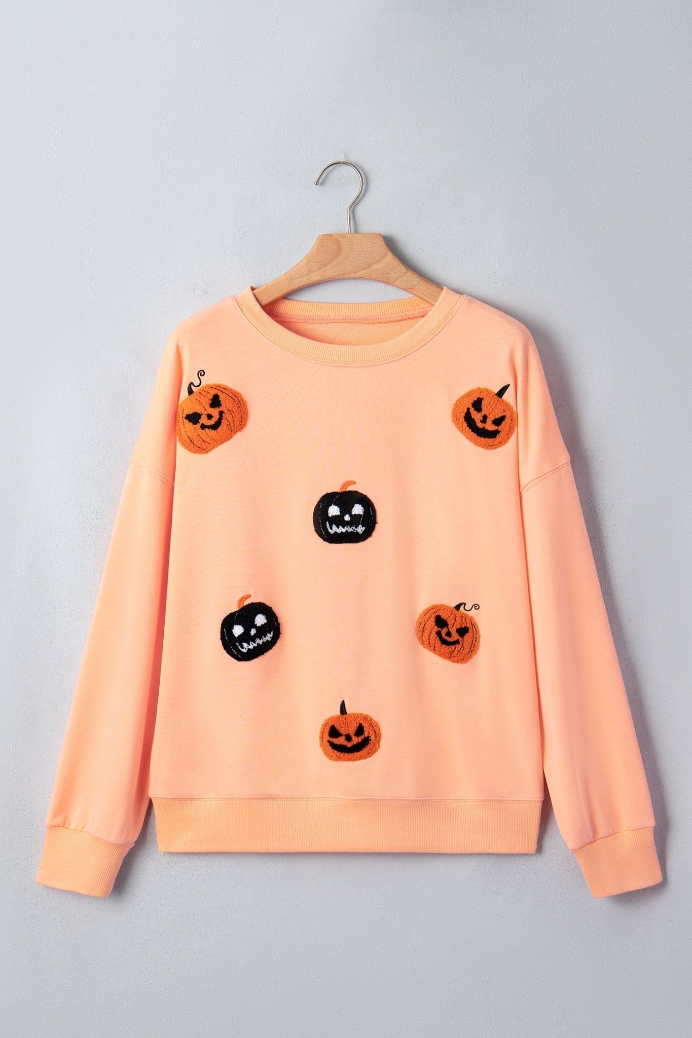 Halloween Embroidered Jack-O-Lantern Drop Shoulder Sweatshirt - Rooted & Reckless Co.
