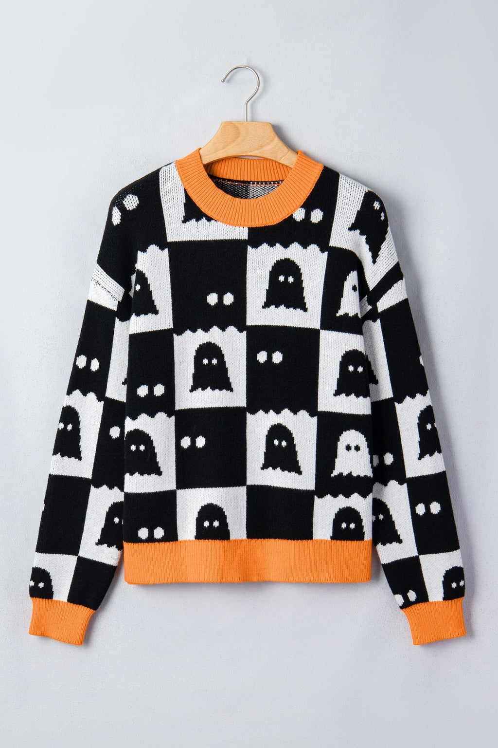 Halloween Ghost Checker High Neck Drop Shoulder Sweater - Rooted & Reckless Co.