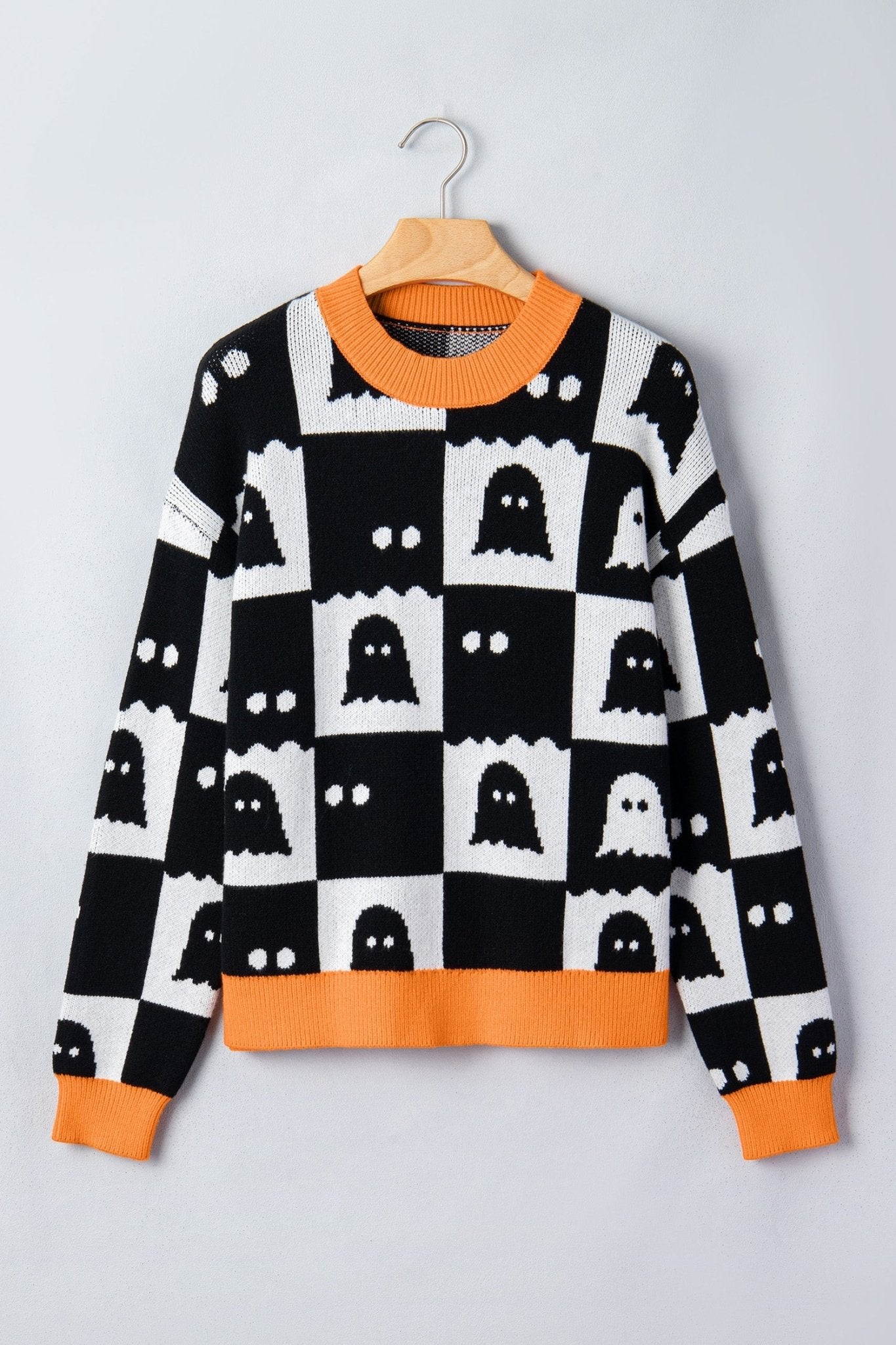 Halloween Ghost Checker High Neck Drop Shoulder Sweater - Rooted & Reckless Co.