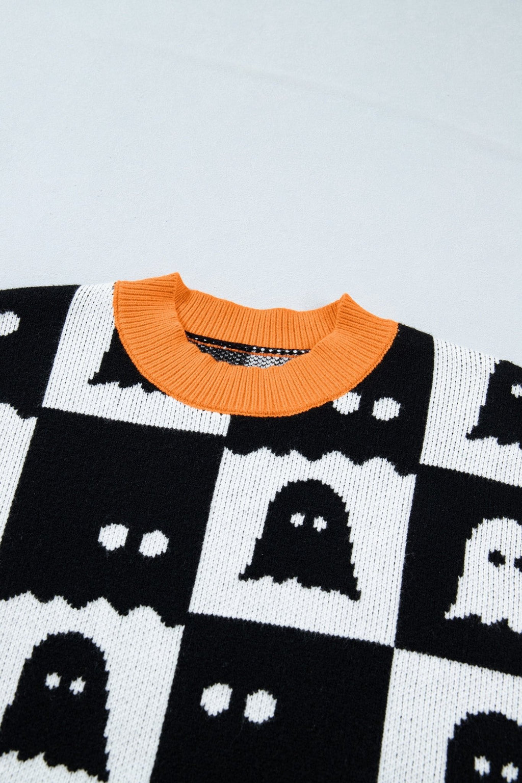 Halloween Ghost Checker High Neck Drop Shoulder Sweater - Rooted & Reckless Co.