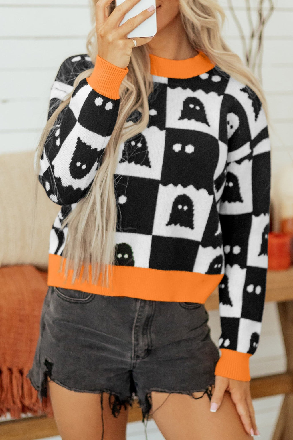 Halloween Ghost Checker High Neck Drop Shoulder Sweater - Rooted & Reckless Co.