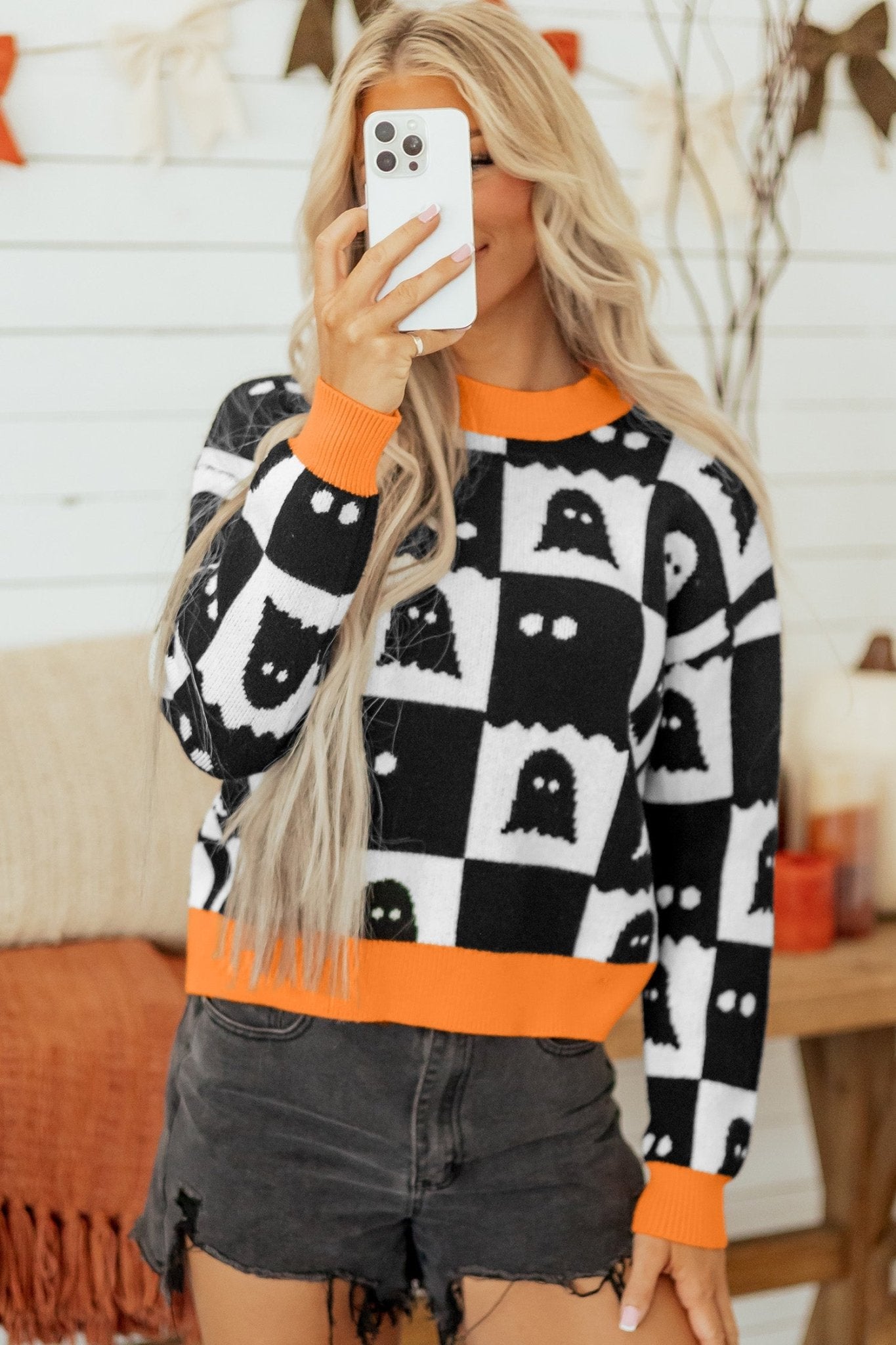 Halloween Ghost Checker High Neck Drop Shoulder Sweater - Rooted & Reckless Co.
