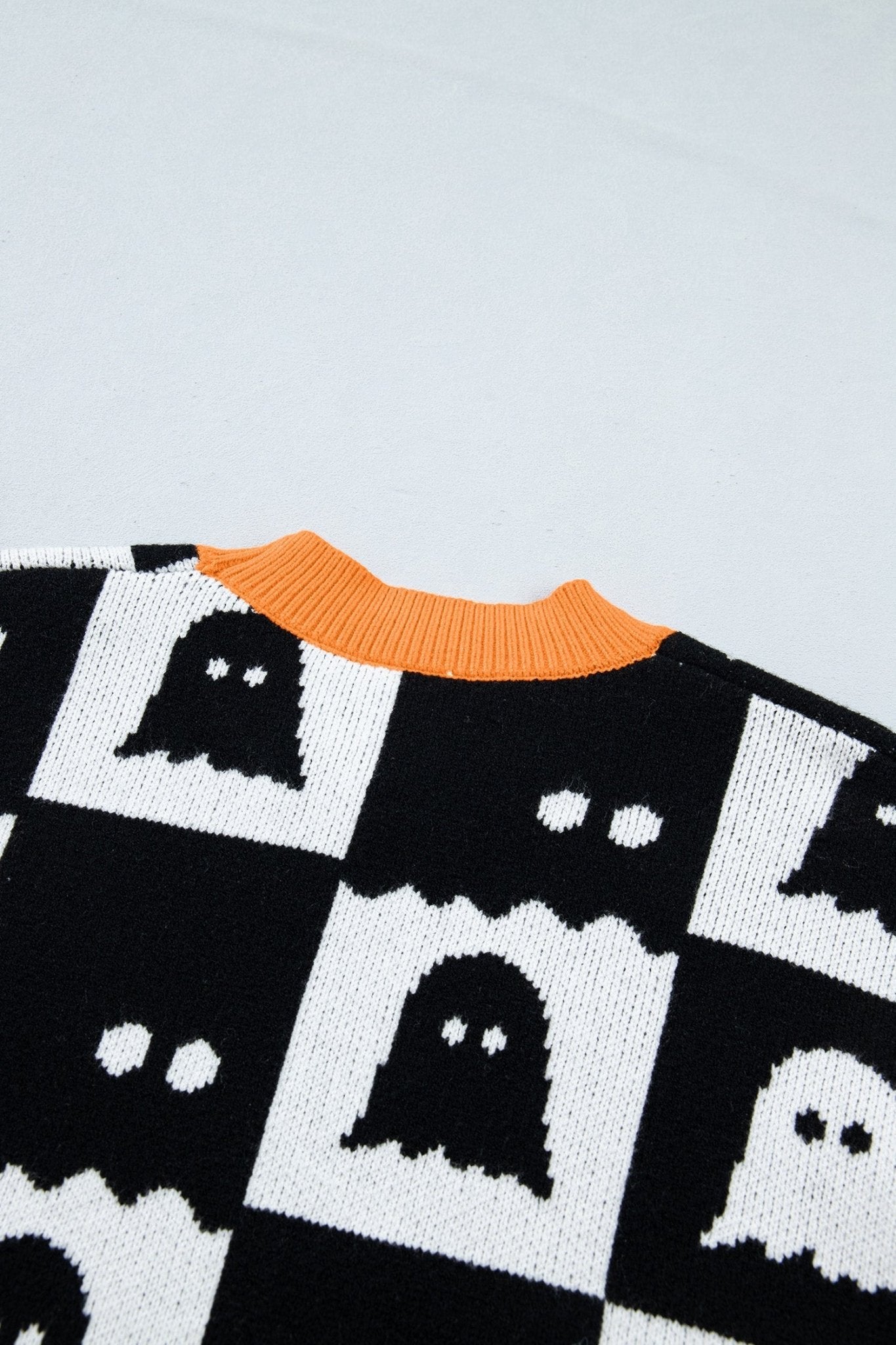 Halloween Ghost Checker High Neck Drop Shoulder Sweater - Rooted & Reckless Co.