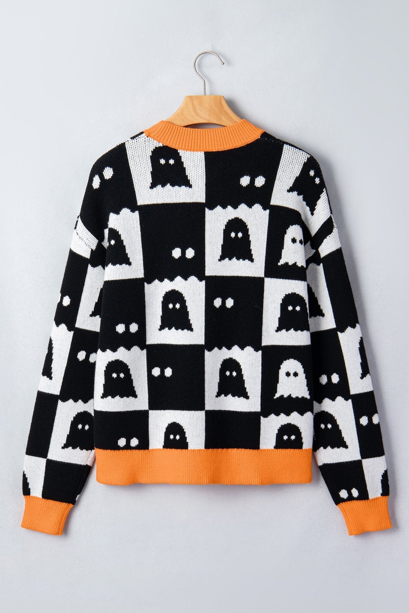 Halloween Ghost Checker High Neck Drop Shoulder Sweater - Rooted & Reckless Co.