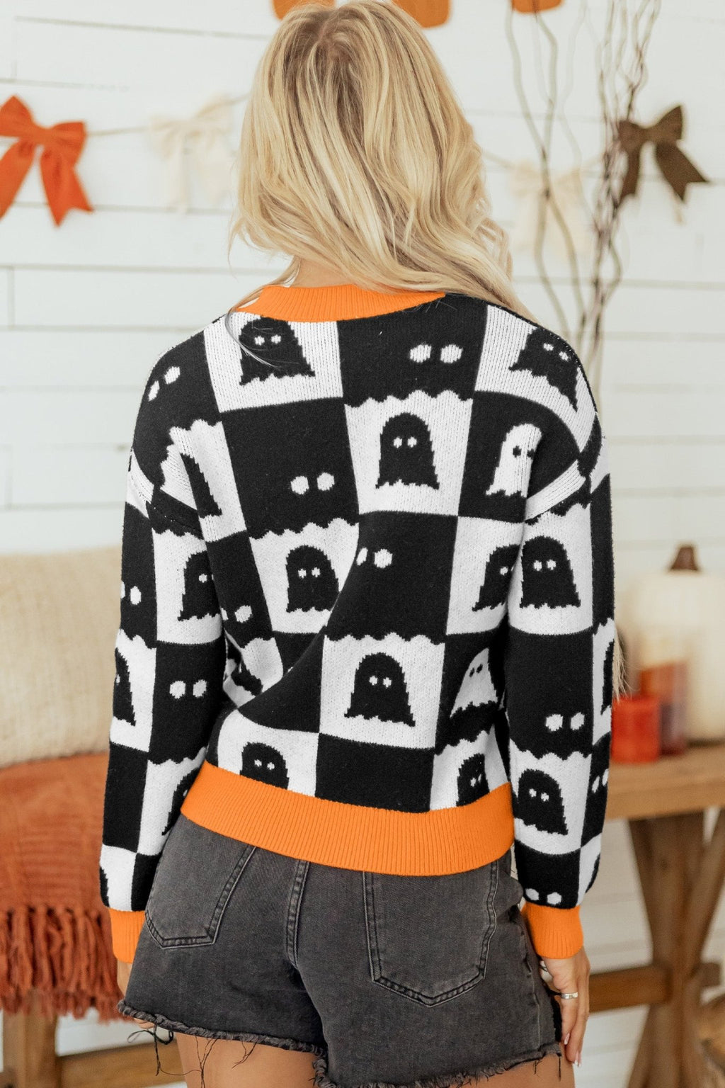 Halloween Ghost Checker High Neck Drop Shoulder Sweater - Rooted & Reckless Co.