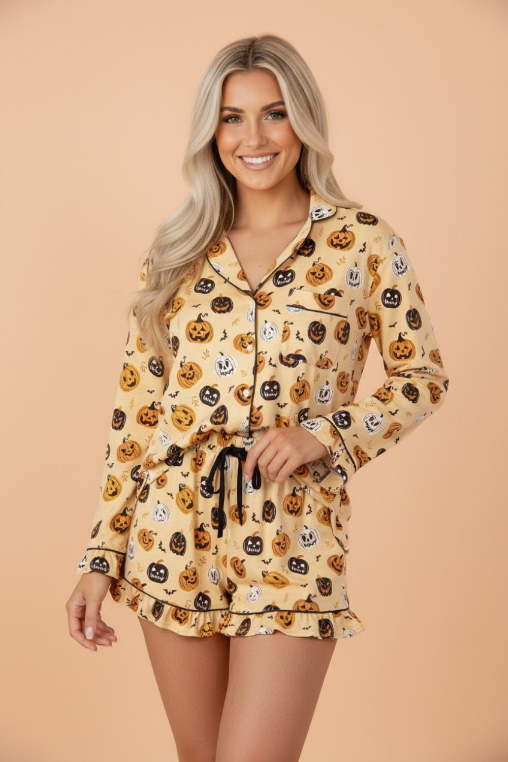 Halloween Jack-O-Lantern Ruffle Top & Shorts Lounge Set - Rooted & Reckless Co.