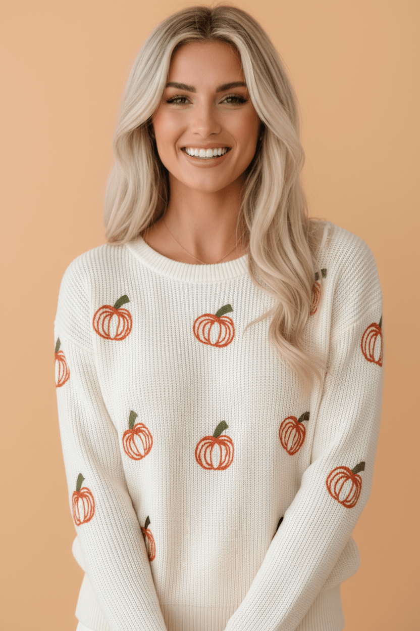 Halloween Pumpkin Embroidered Ribbed Thanksgiving Holiday Sweater - Rooted & Reckless Co.