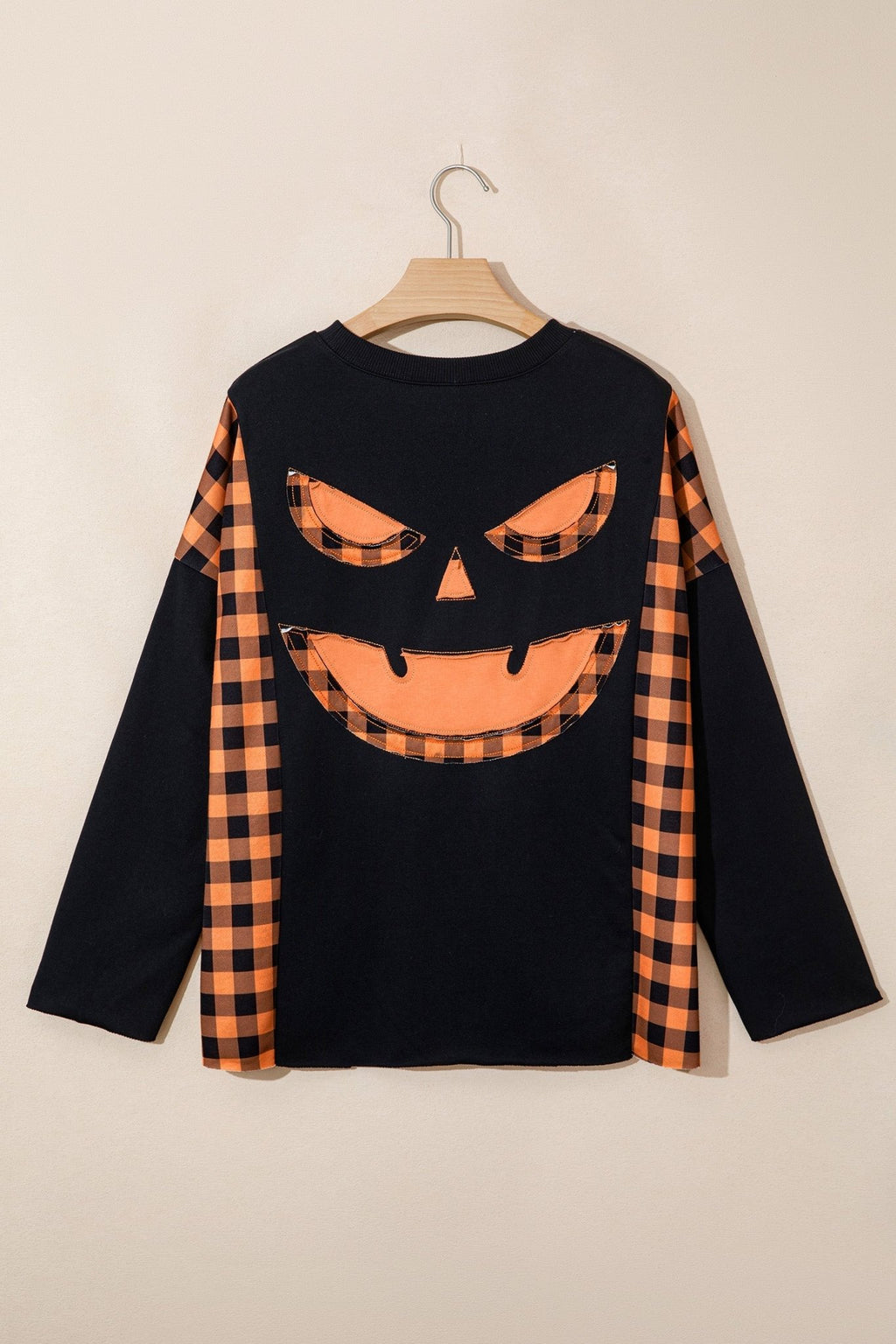 Halloween Pumpkin Gingham Patchwork Long Sleeve Top - Rooted & Reckless Co.
