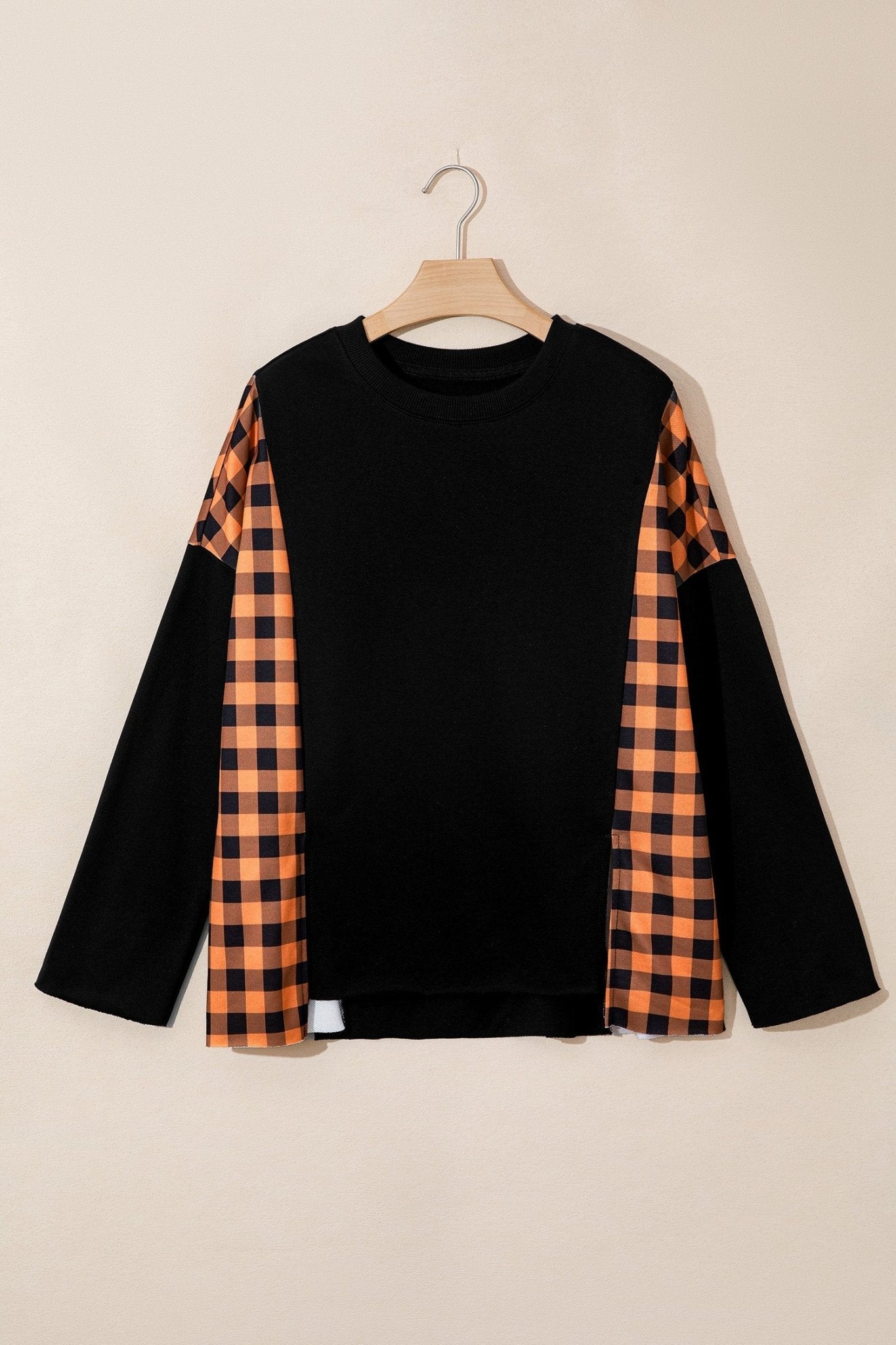 Halloween Pumpkin Gingham Patchwork Long Sleeve Top - Rooted & Reckless Co.