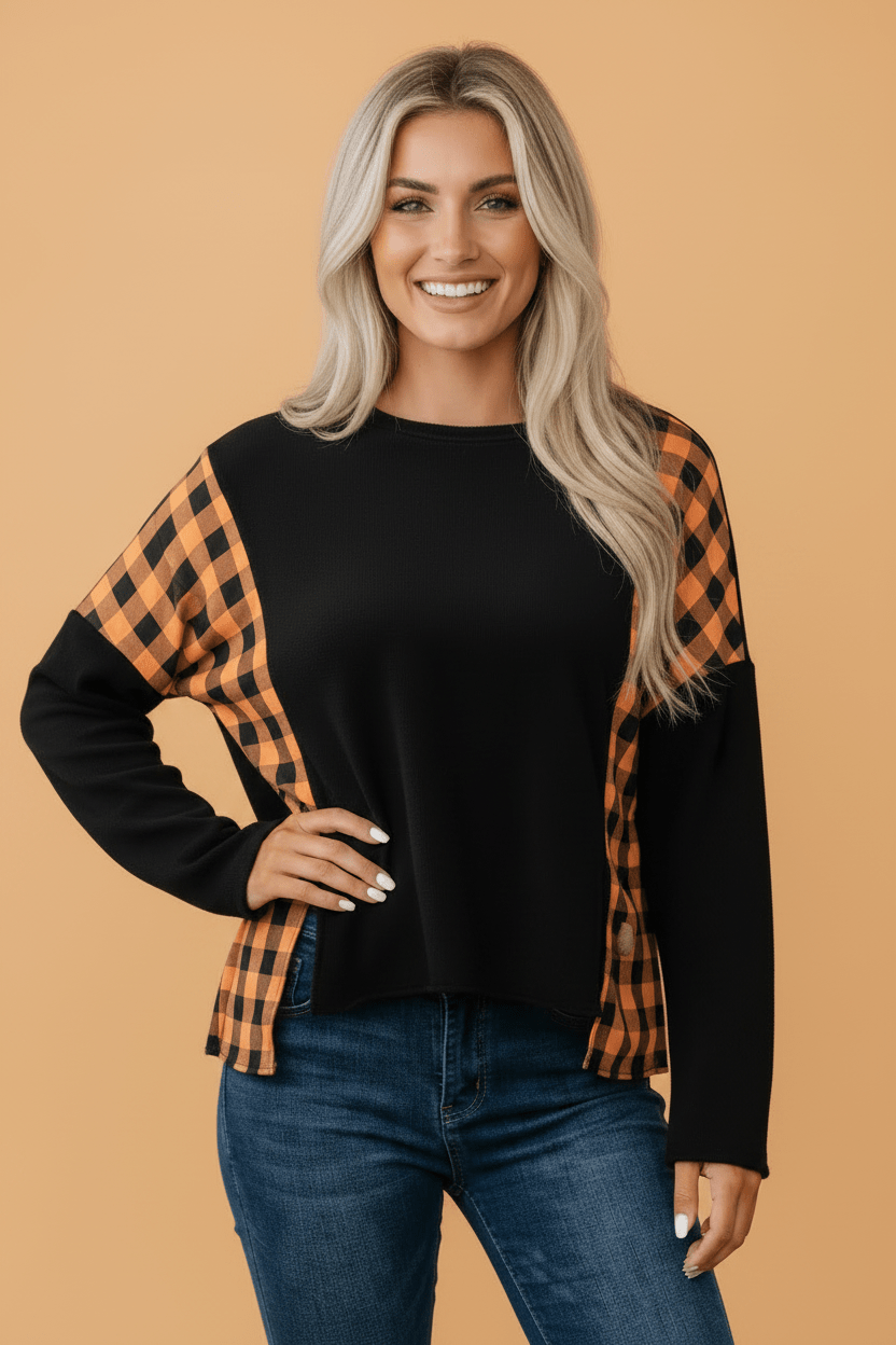 Halloween Pumpkin Gingham Patchwork Long Sleeve Top - Rooted & Reckless Co.