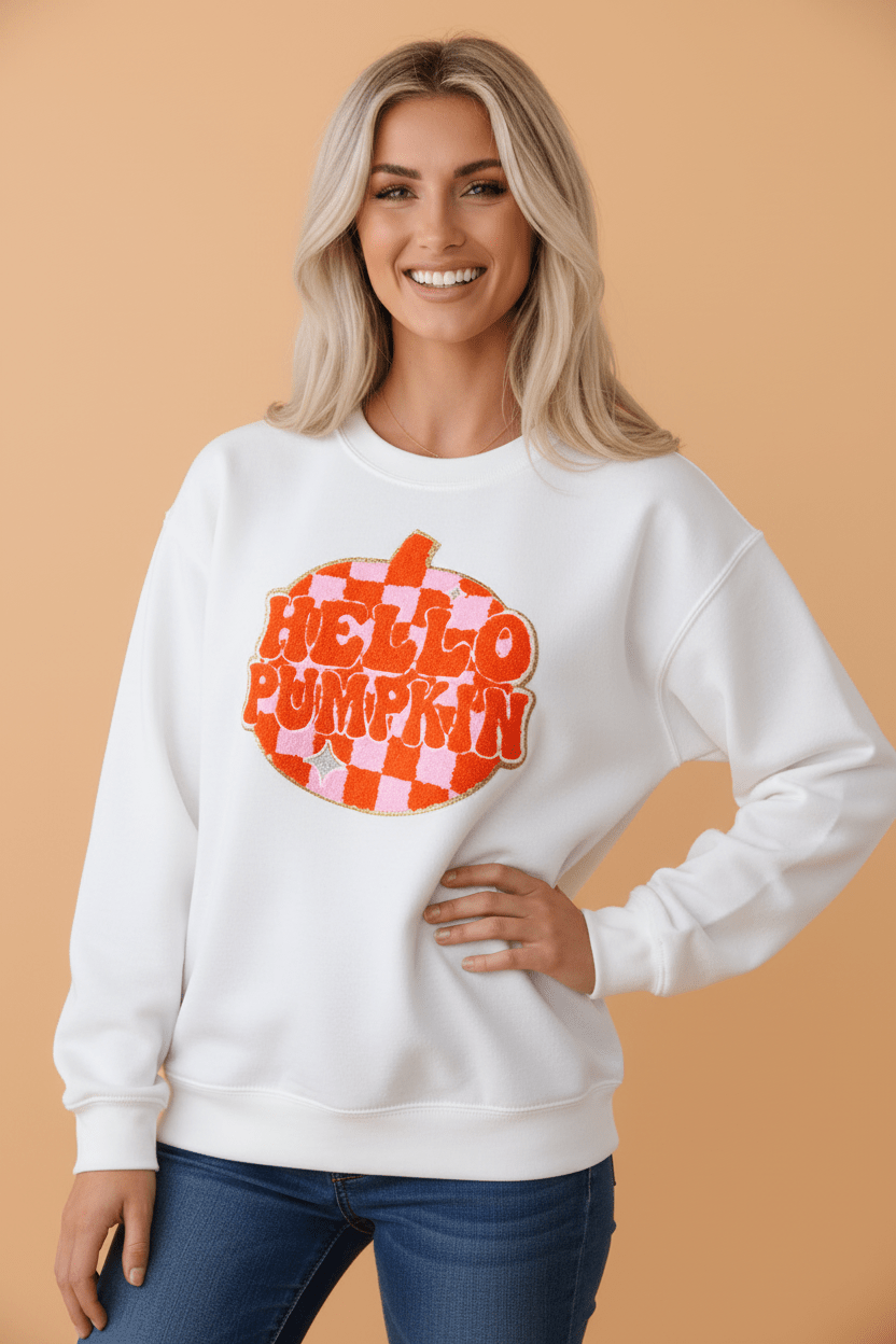 Halloween Pumpkin Terry Patched Pullover Sweatshirt - Rooted & Reckless Co.