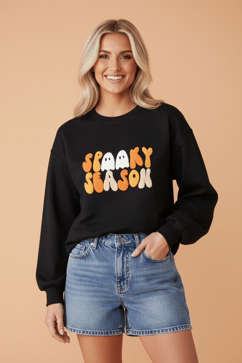 Halloween Spooky Season Embroidered Long Sleeve Sweatshirt - Rooted & Reckless Co.