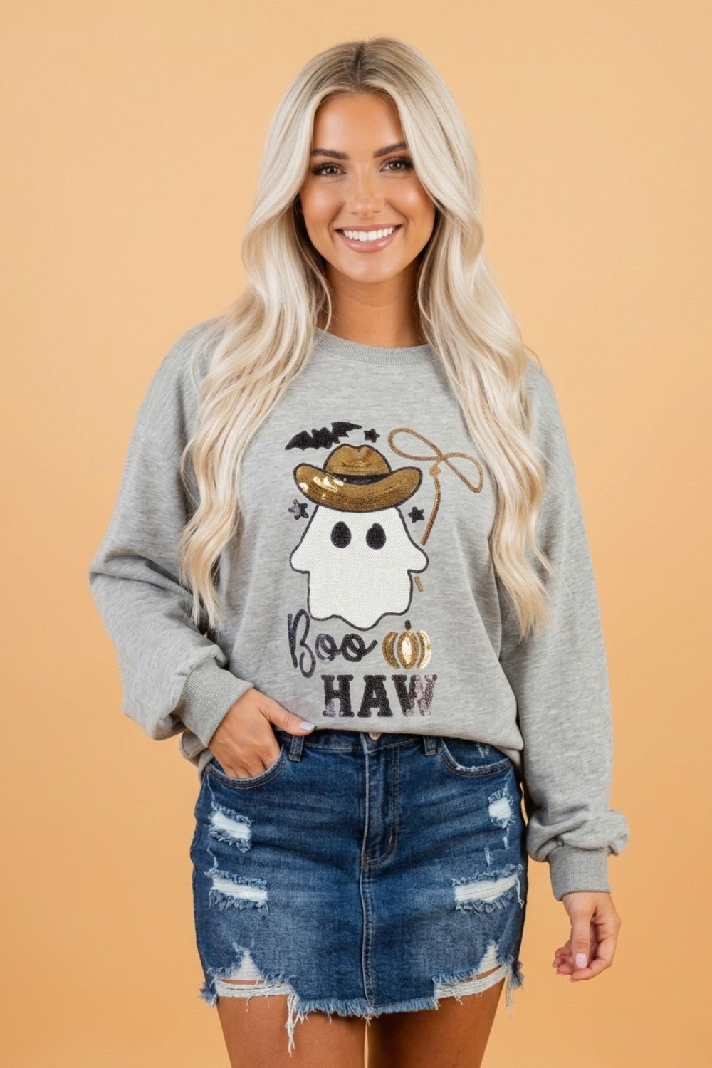 Halloween Western Ghost Sequin Graphic Long Sleeve Sweatshirt - Rooted & Reckless Co.