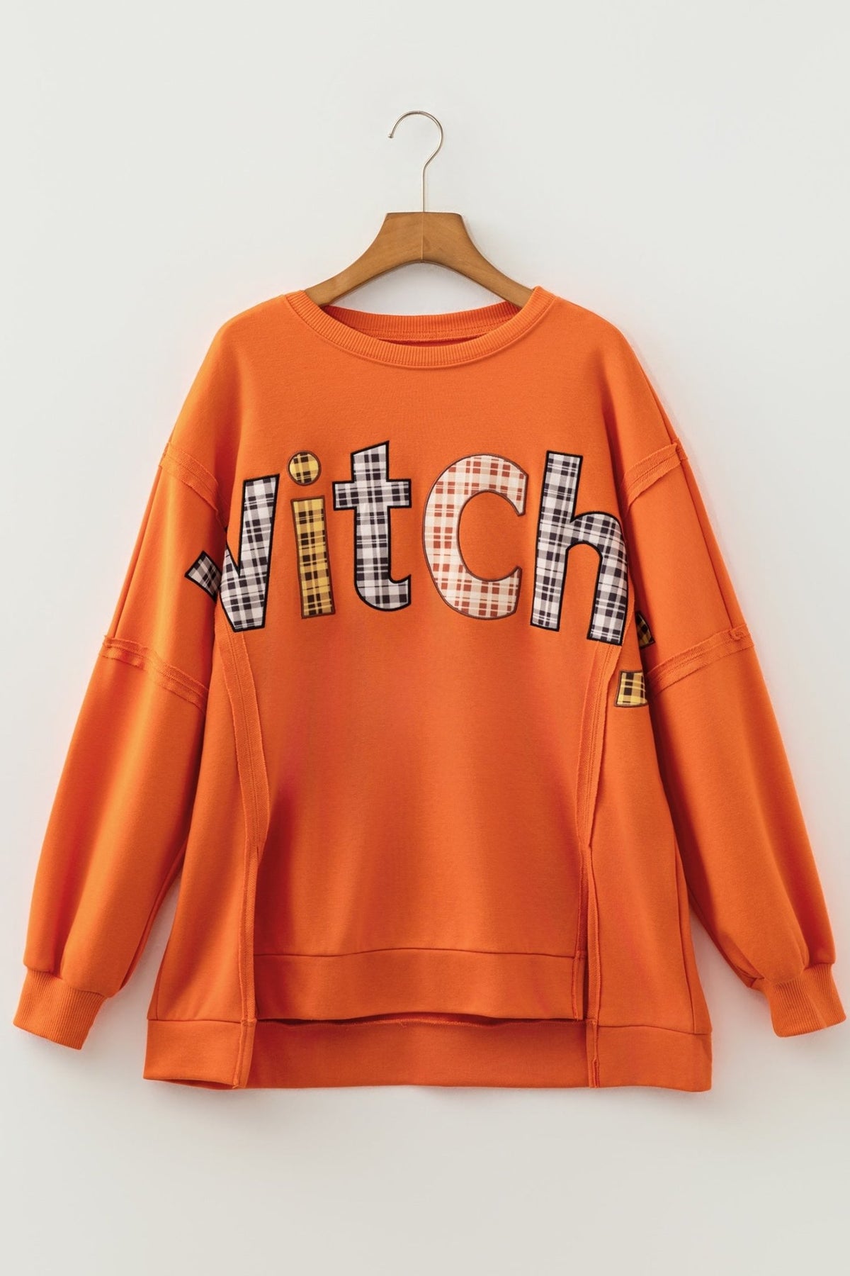 Halloween Witchy Plaid Patchwork Exposed Seam Sweatshirt - Rooted & Reckless Co.