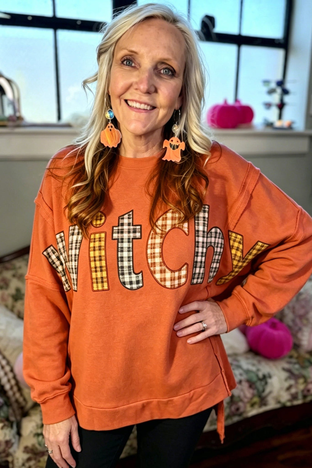 Halloween Witchy Plaid Patchwork Exposed Seam Sweatshirt - Rooted & Reckless Co.