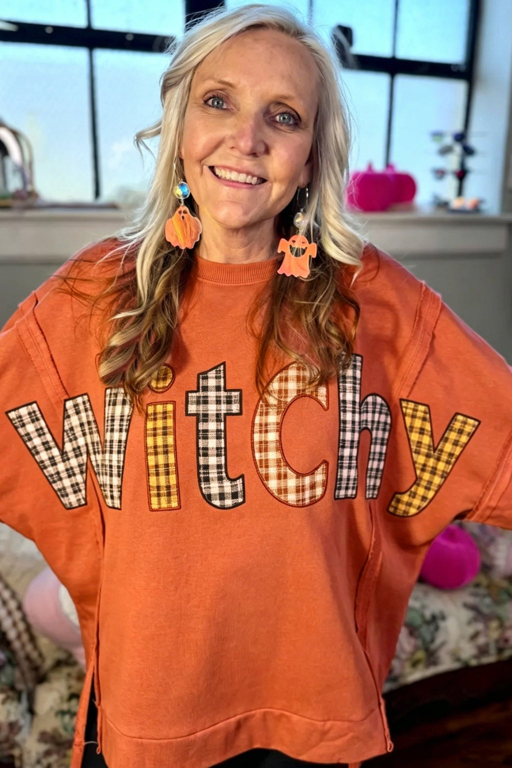 Halloween Witchy Plaid Patchwork Exposed Seam Sweatshirt - Rooted & Reckless Co.