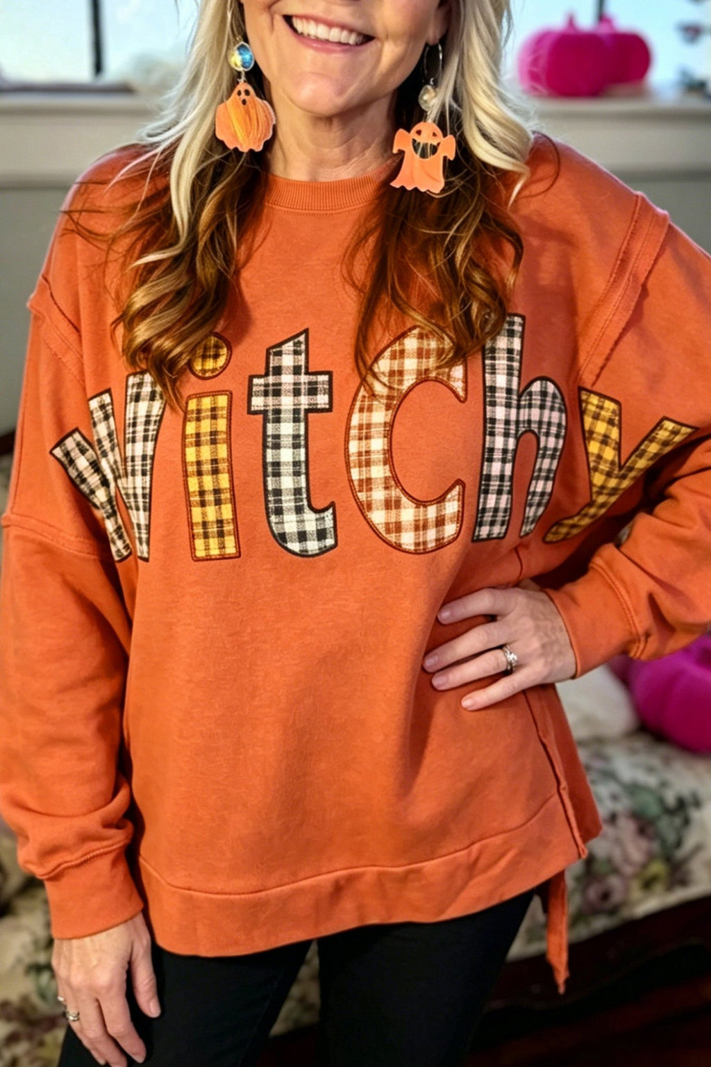 Halloween Witchy Plaid Patchwork Exposed Seam Sweatshirt - Rooted & Reckless Co.