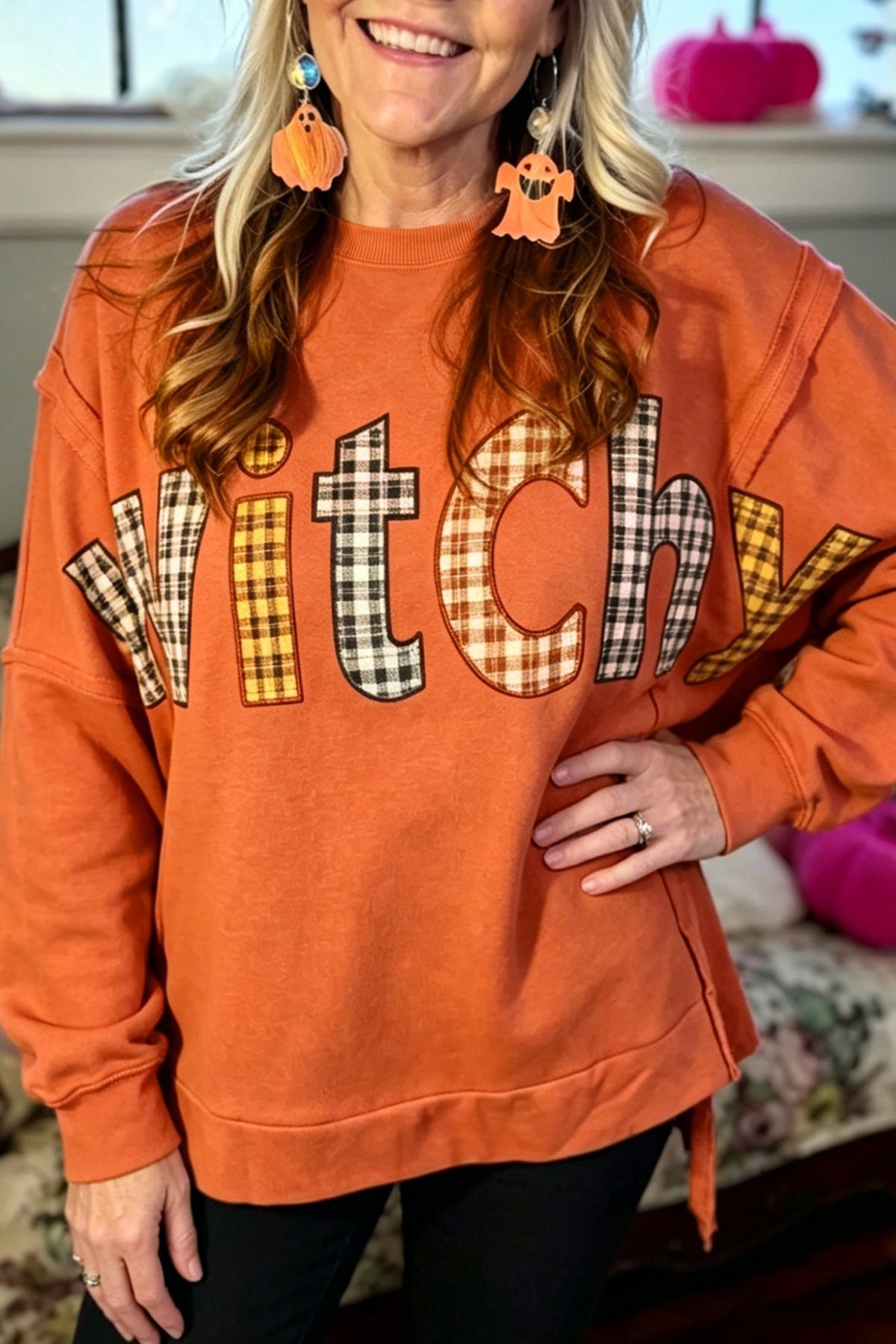 Halloween Witchy Plaid Patchwork Exposed Seam Sweatshirt - Rooted & Reckless Co.