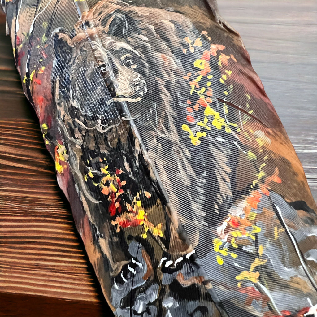 Hand-Painted Brown Bear Hat Feather by Chad Demien — Wildlife Artisan Western Hat Accessory (Custom Available) - Rooted & Reckless Co.