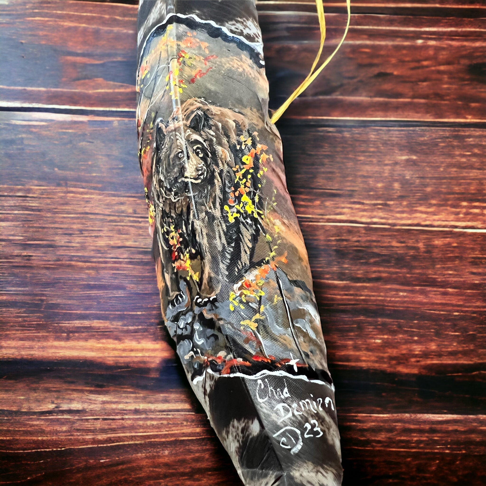 Hand-Painted Brown Bear Hat Feather by Chad Demien — Wildlife Artisan Western Hat Accessory (Custom Available) - Rooted & Reckless Co.