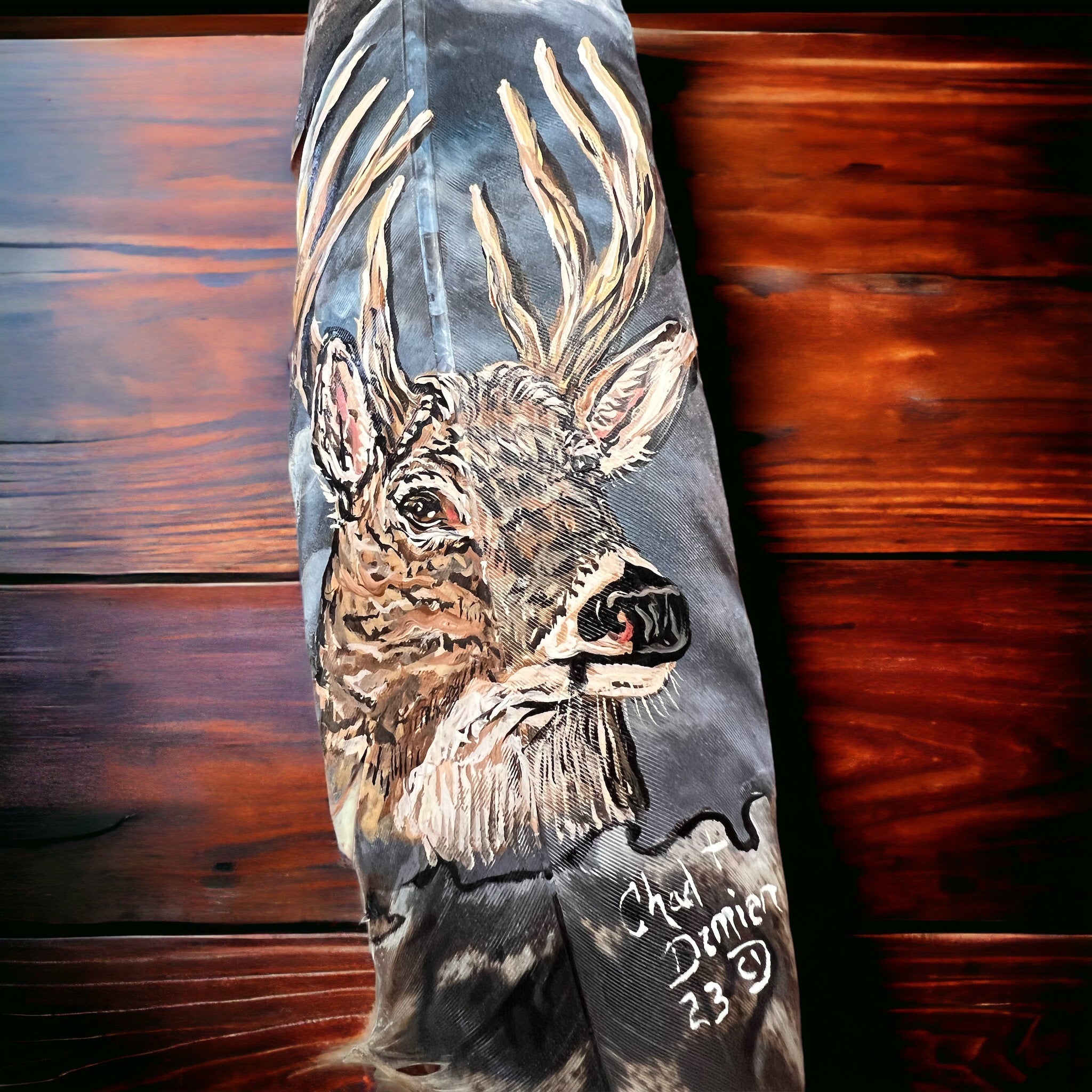 Hand-Painted Large Buck Hat Feather by Chad Demien — Wildlife Artisan Western Hat Accessory (Premium $125, Custom Available) - Rooted & Reckless Co.
